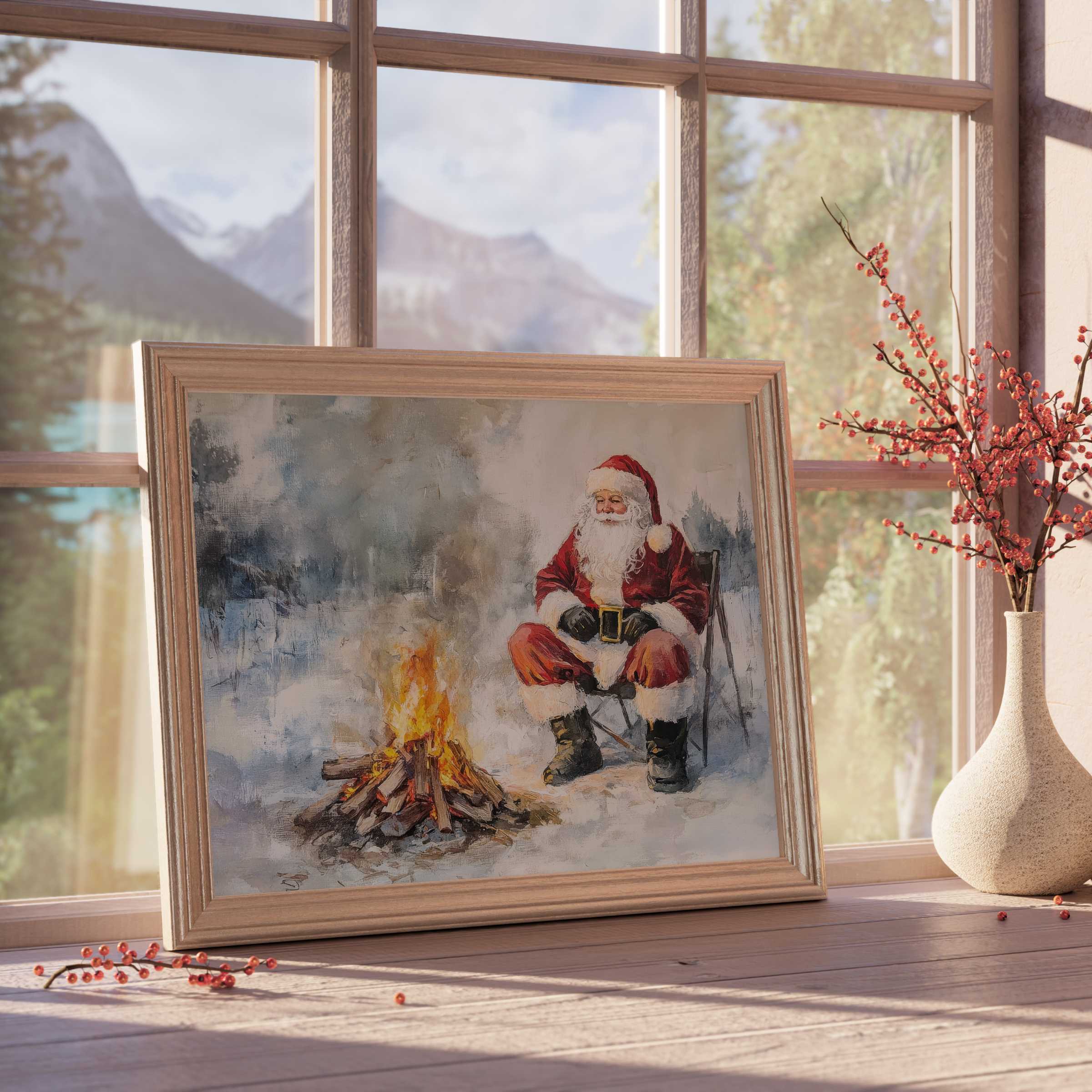 Christmas downloadable art featuring a serene Santa by a glowing fire, enriching calm, curated interiors with festive warmth and timeless charm