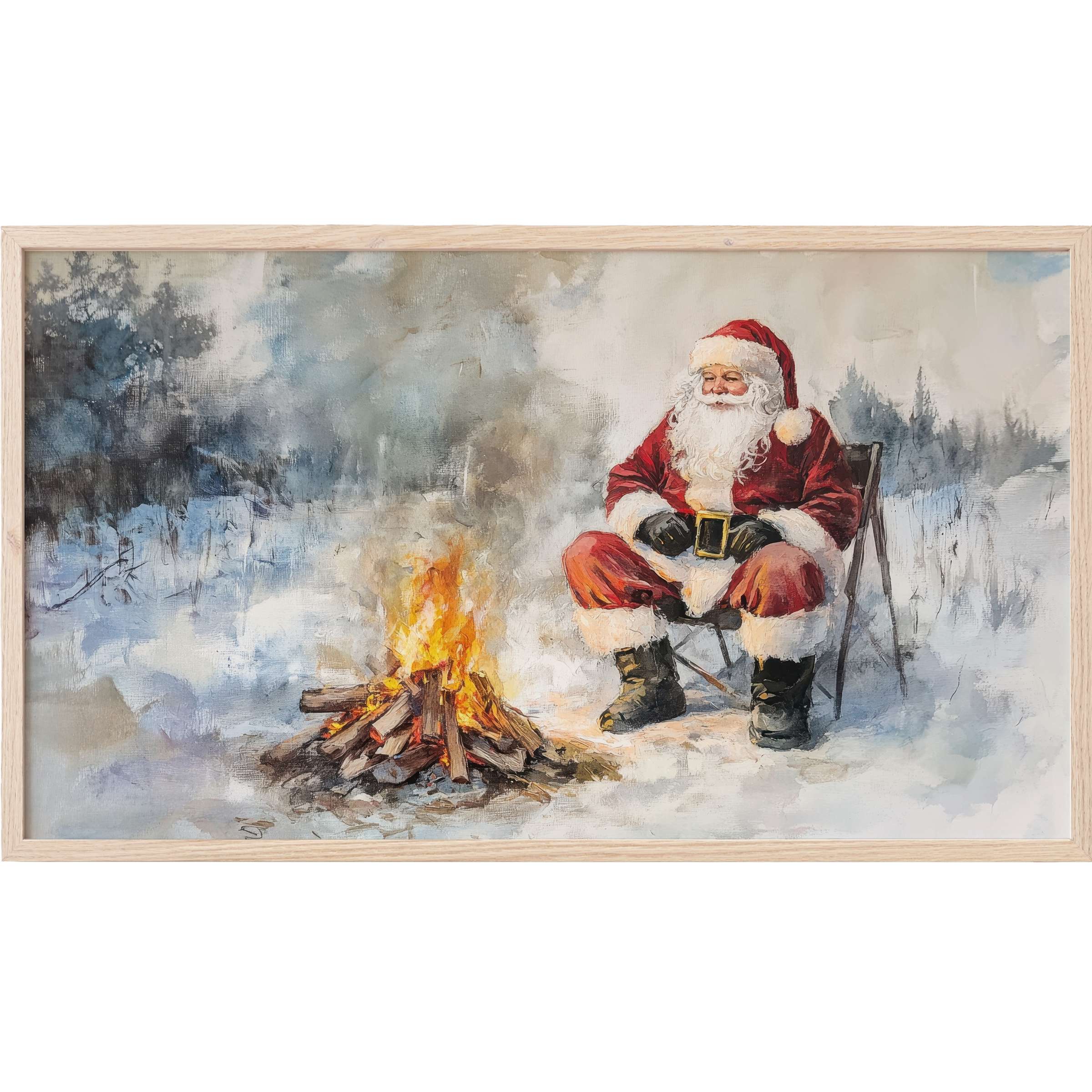 Santa in classic red warming by a glowing fire amid snowy woods, muted tones, elegant christmas Frame TV Art