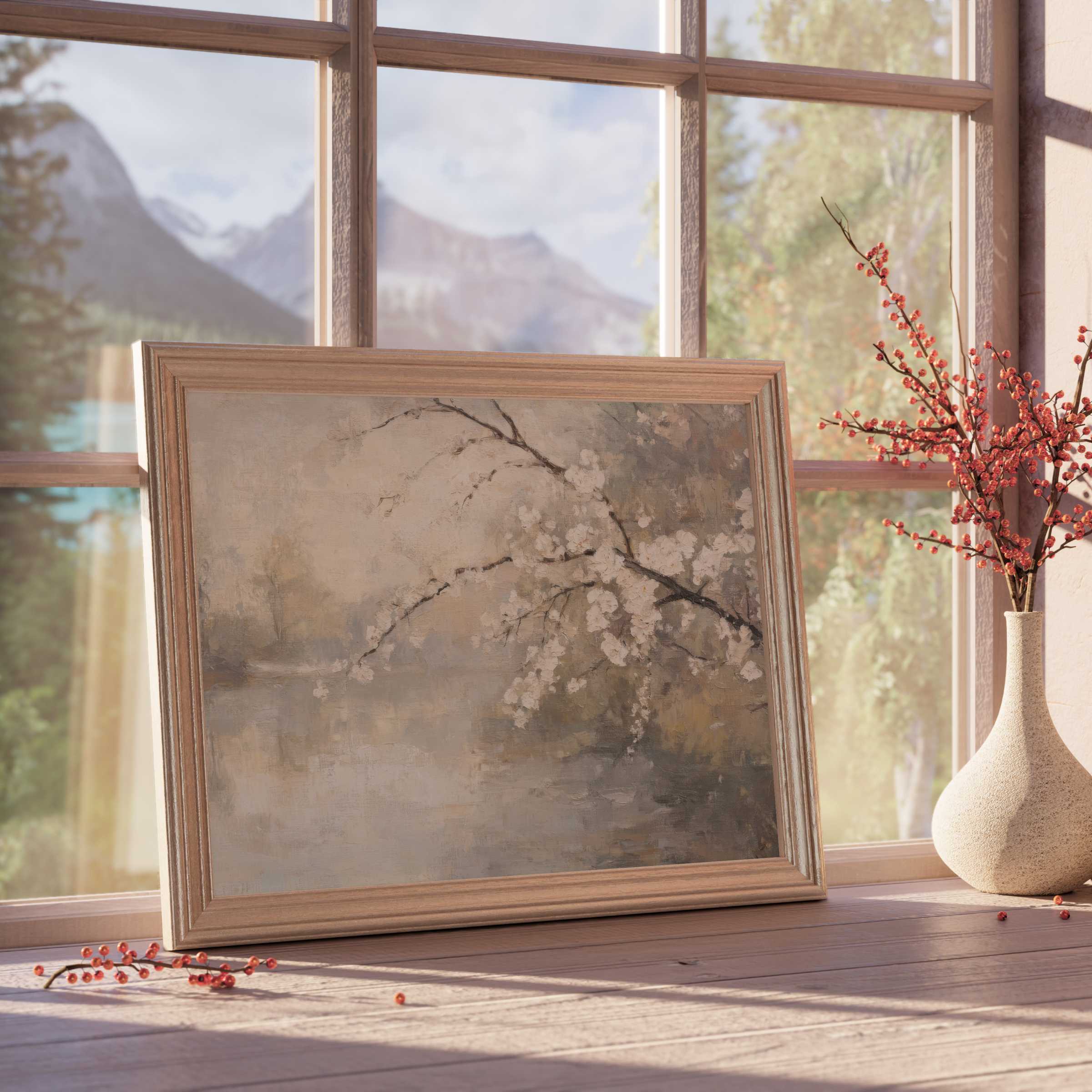 Serene spring downloadable art featuring delicate cherry blossoms in muted tones, elevating calm, curated interiors with refined elegance