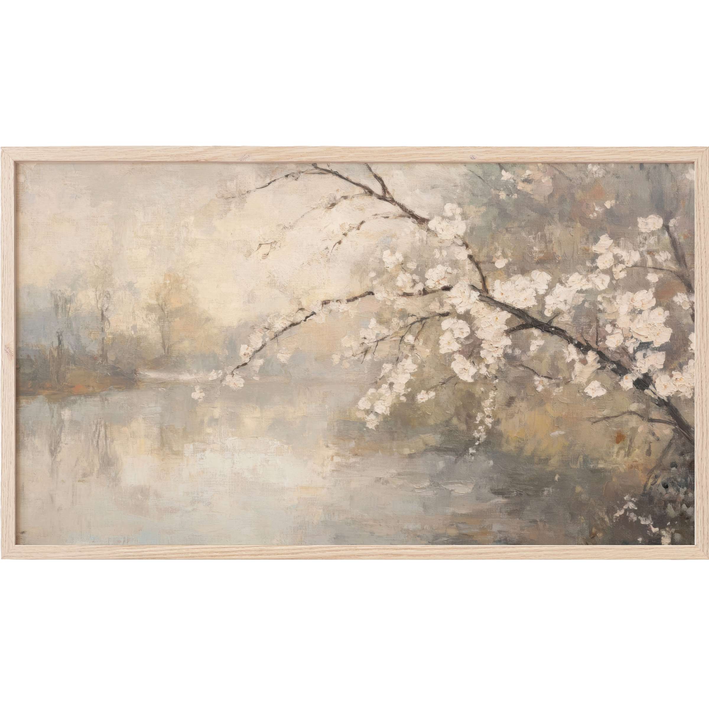 Elegant muted floral branch over serene water, soft pastels and earth tones define this spring Frame TV Art