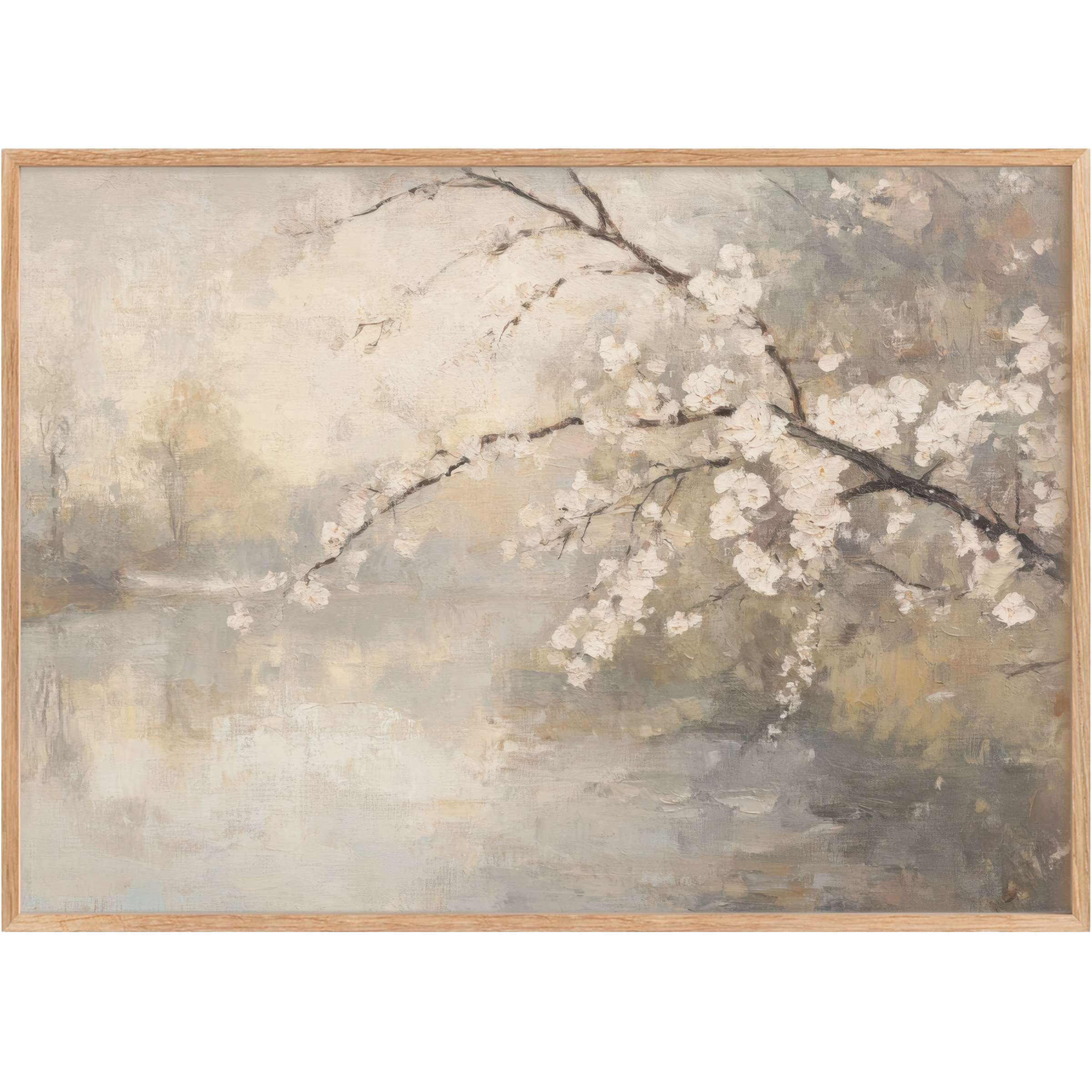 Elegant spring printable wall art with soft white blooms and muted earth tones, evoking a serene and timeless atmosphere