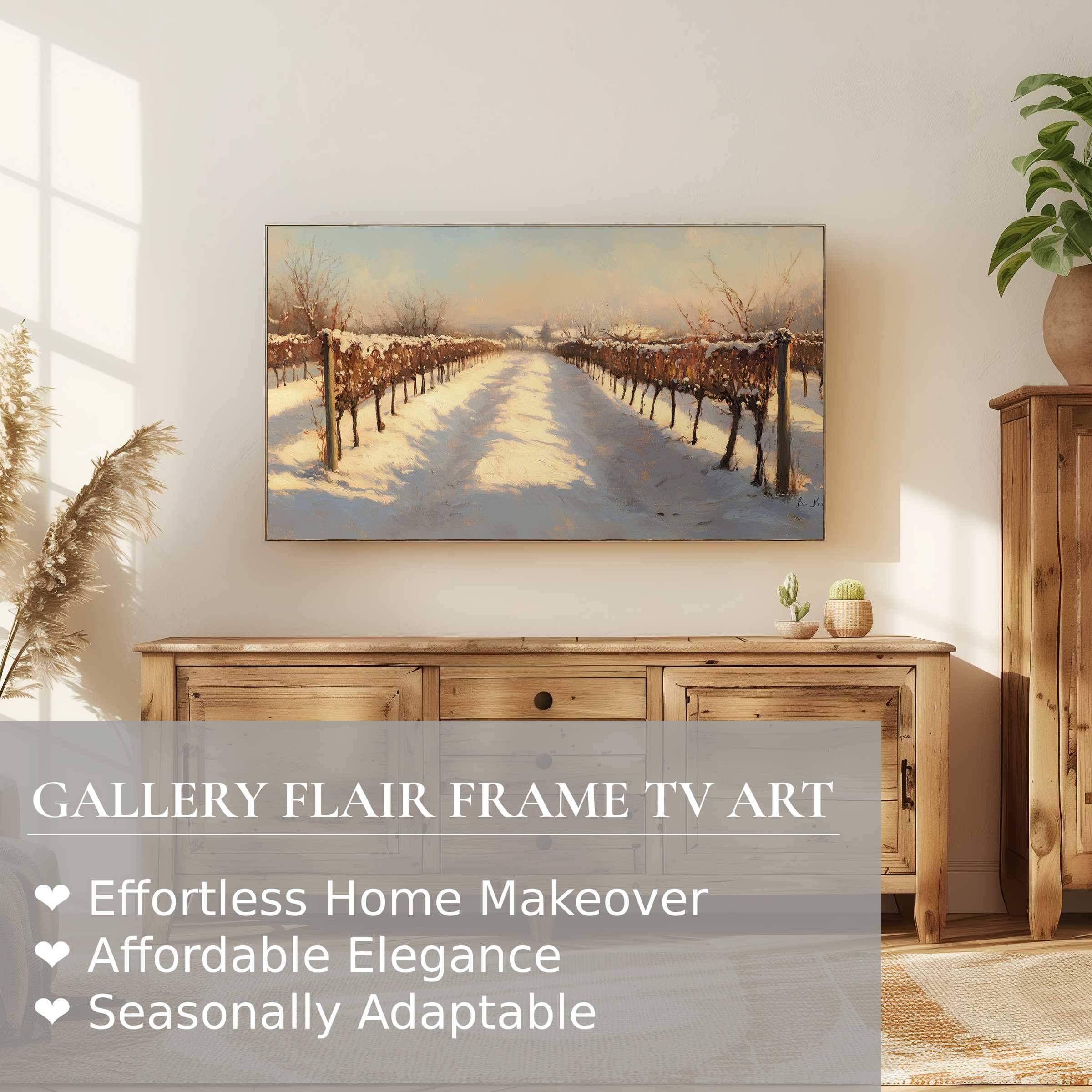Samsung Frame TV displaying serene winter digital artwork in a modern, elegant living room setting