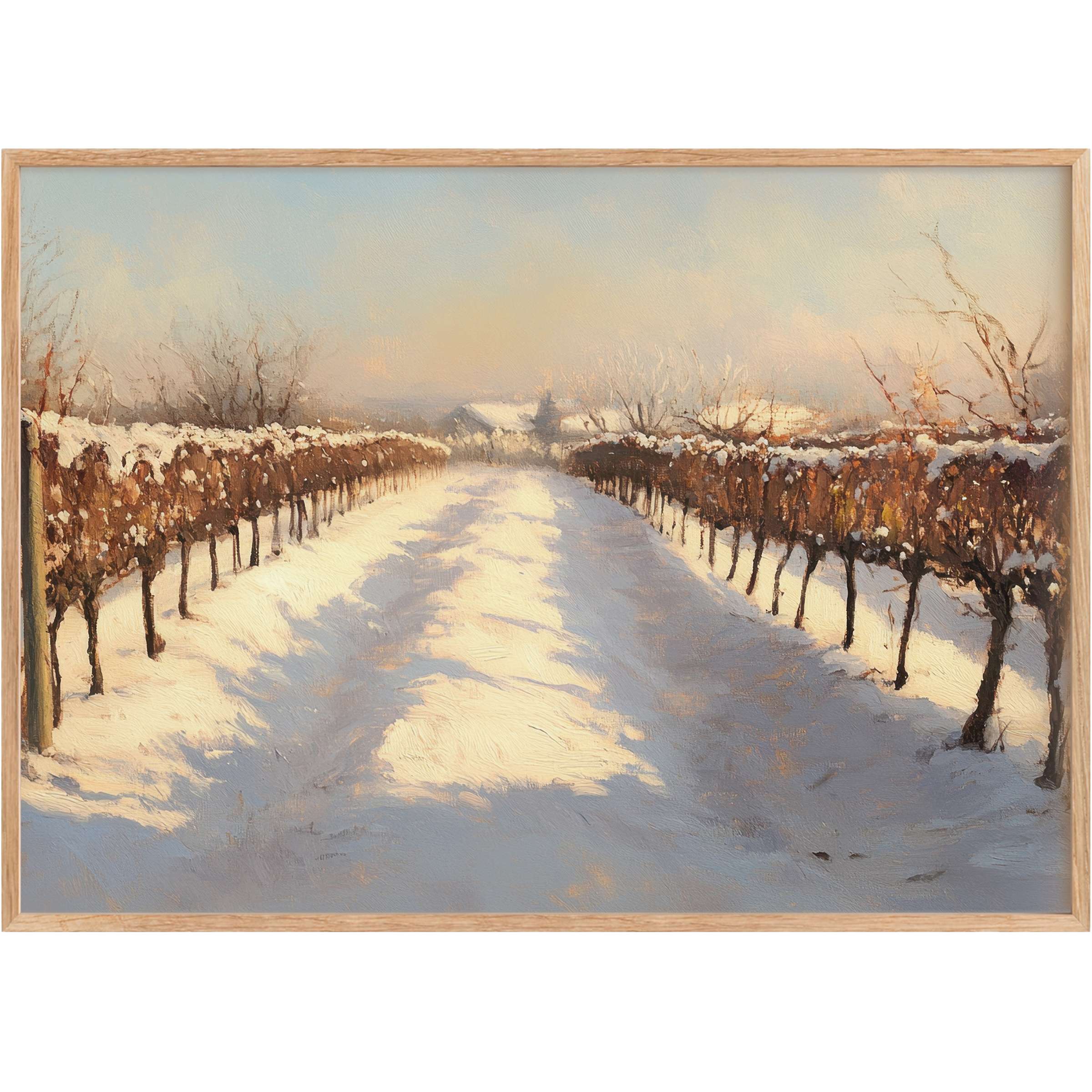 Serene winter printable wall art capturing golden light on snow-dusted vineyards, evoking warmth and quiet elegance