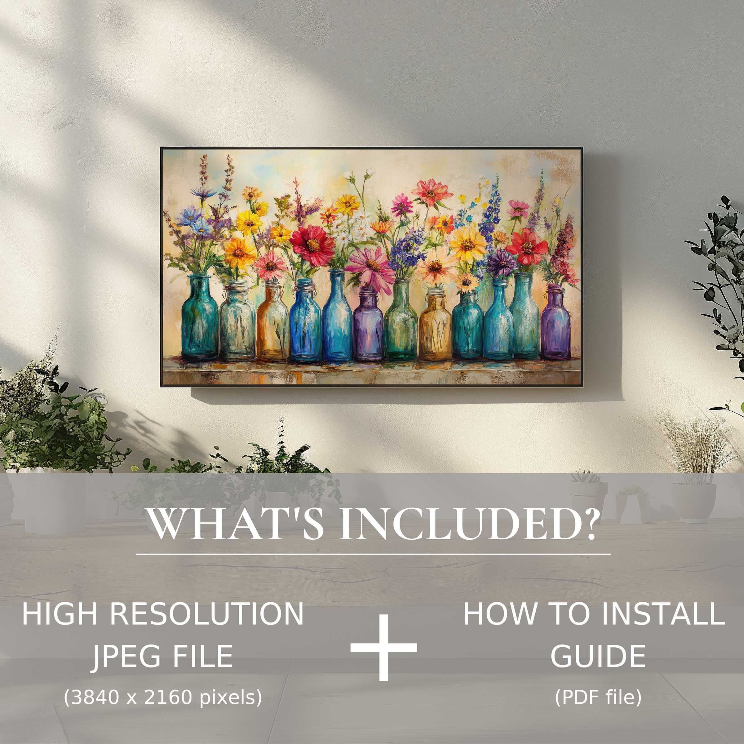Elegant boho digital TV art download of vibrant flowers in bottles, easy to use, enriching stylish modern living spaces