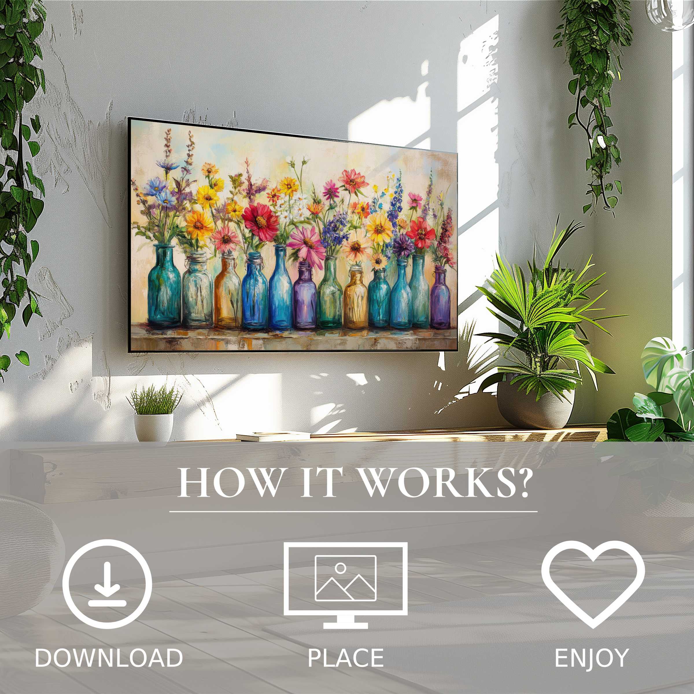 Boho art for Samsung TV with vibrant floral jars, easy digital download, enriching any modern living space effortlessly