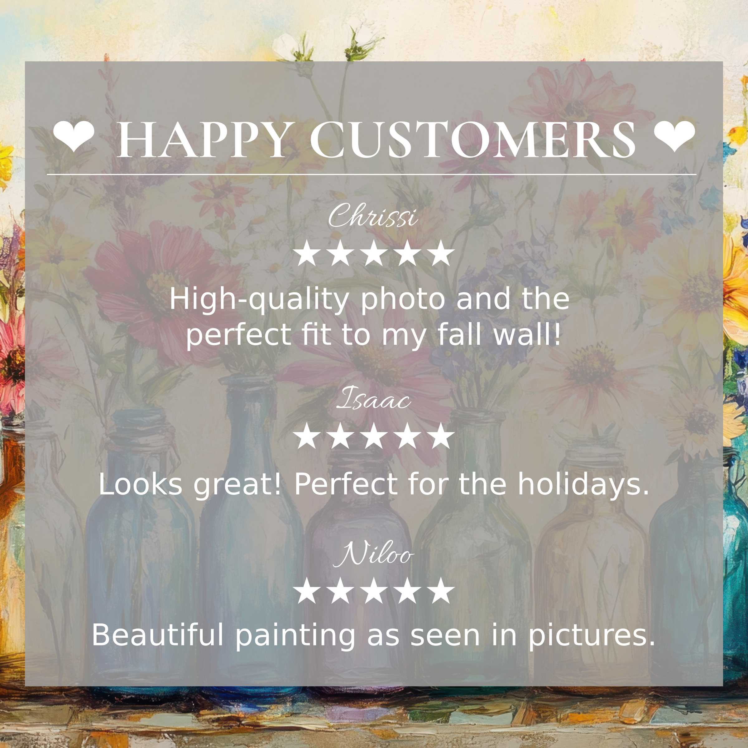 Boho art for Frame TV with abstract floral background; happy customer reviews build trust through elegant presentation
