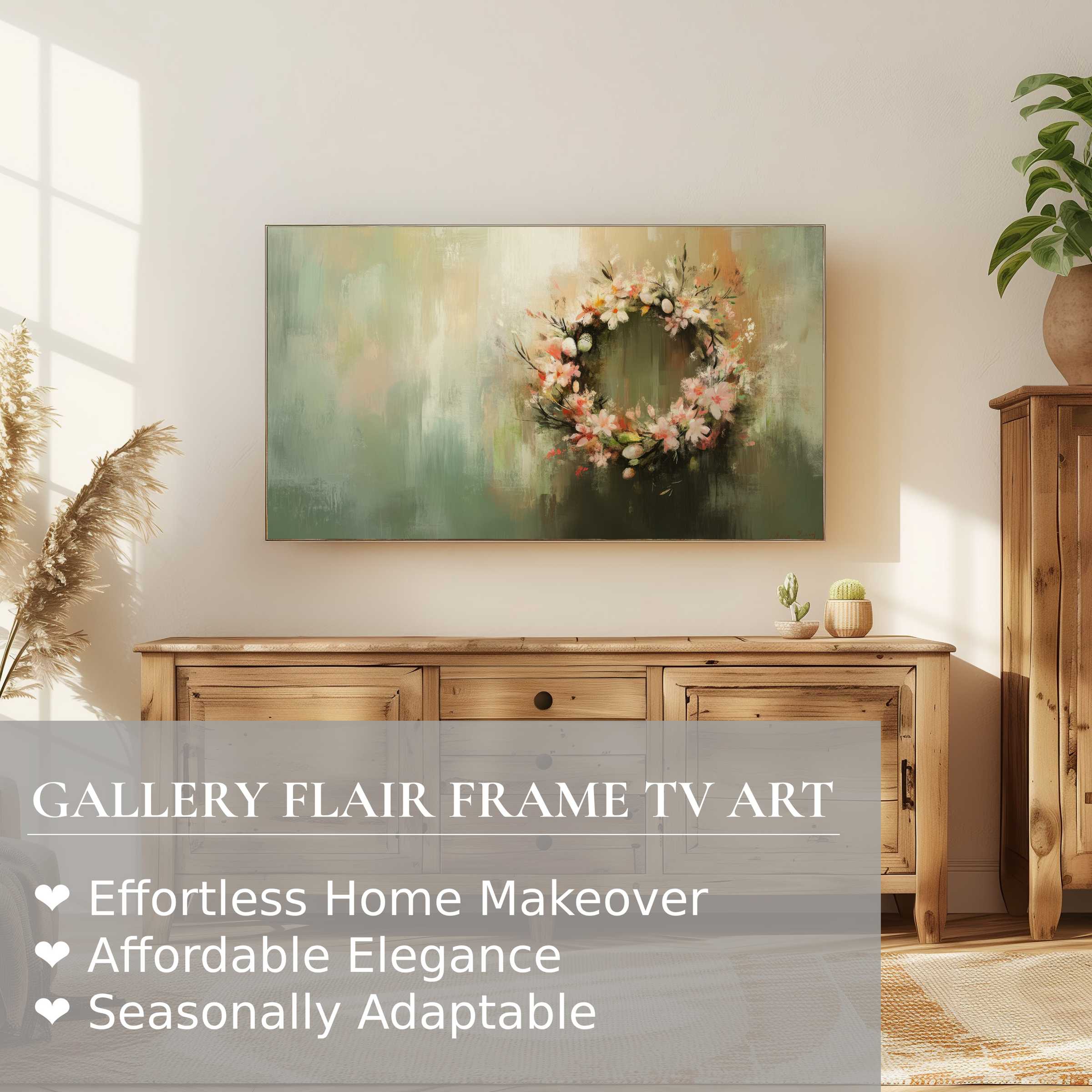Samsung Frame TV showcasing elegant Easter digital artwork with soft florals in a serene, stylish living room setting