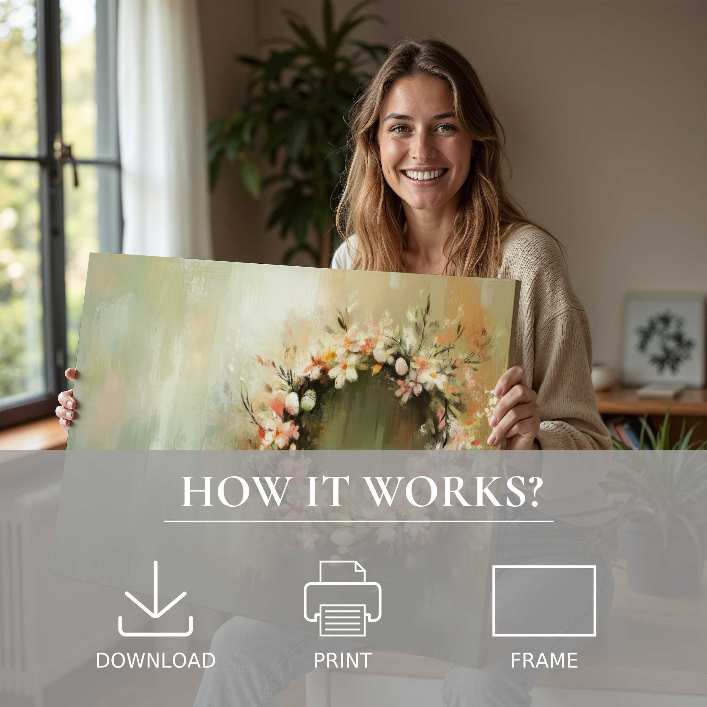 A woman in a serene modern home radiates joy as she embraces an Easter digital art print blooming with soft florals and tender pastels