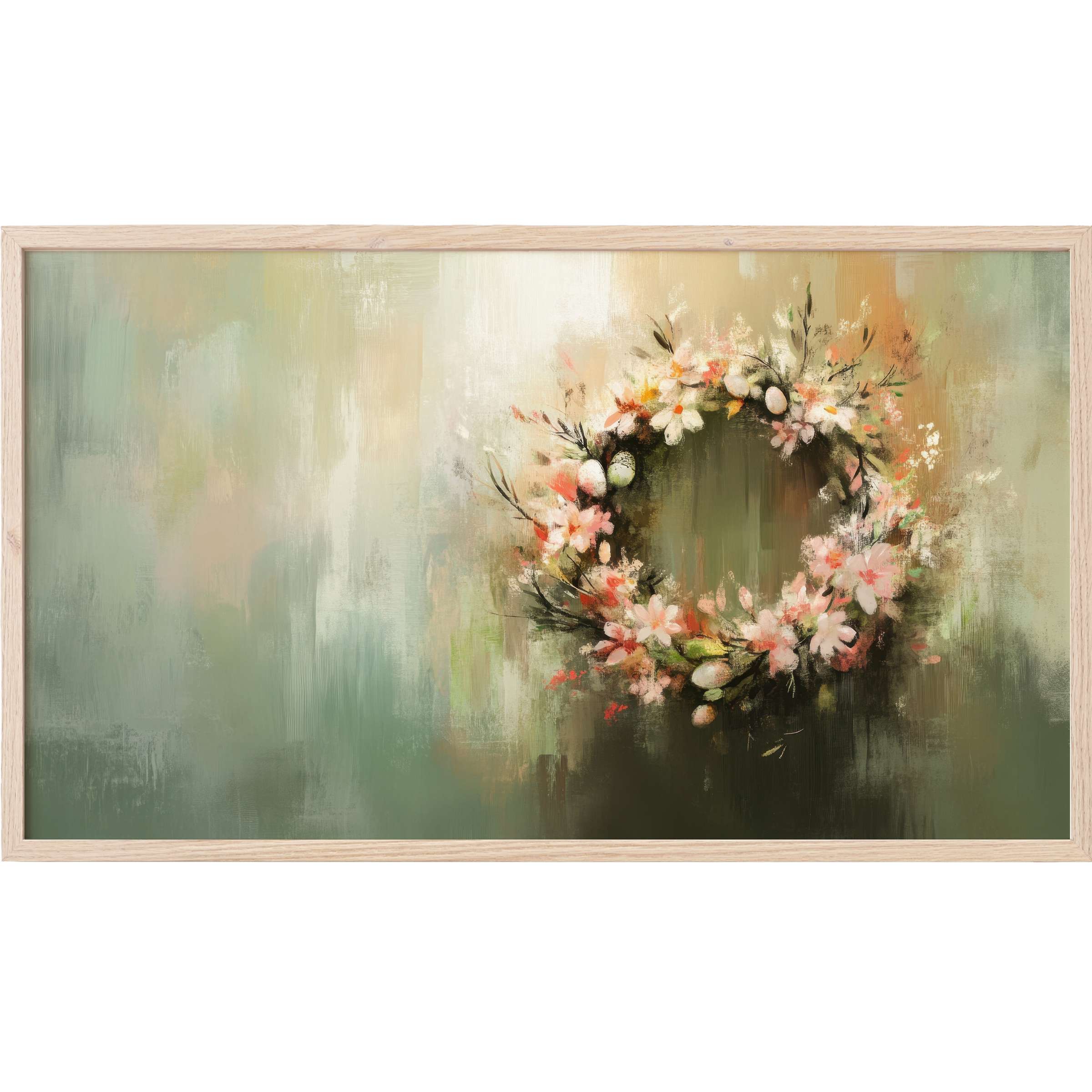 Elegant easter Frame TV Art with soft pastels, floral wreath, and subtle textured brushstrokes in a modern style