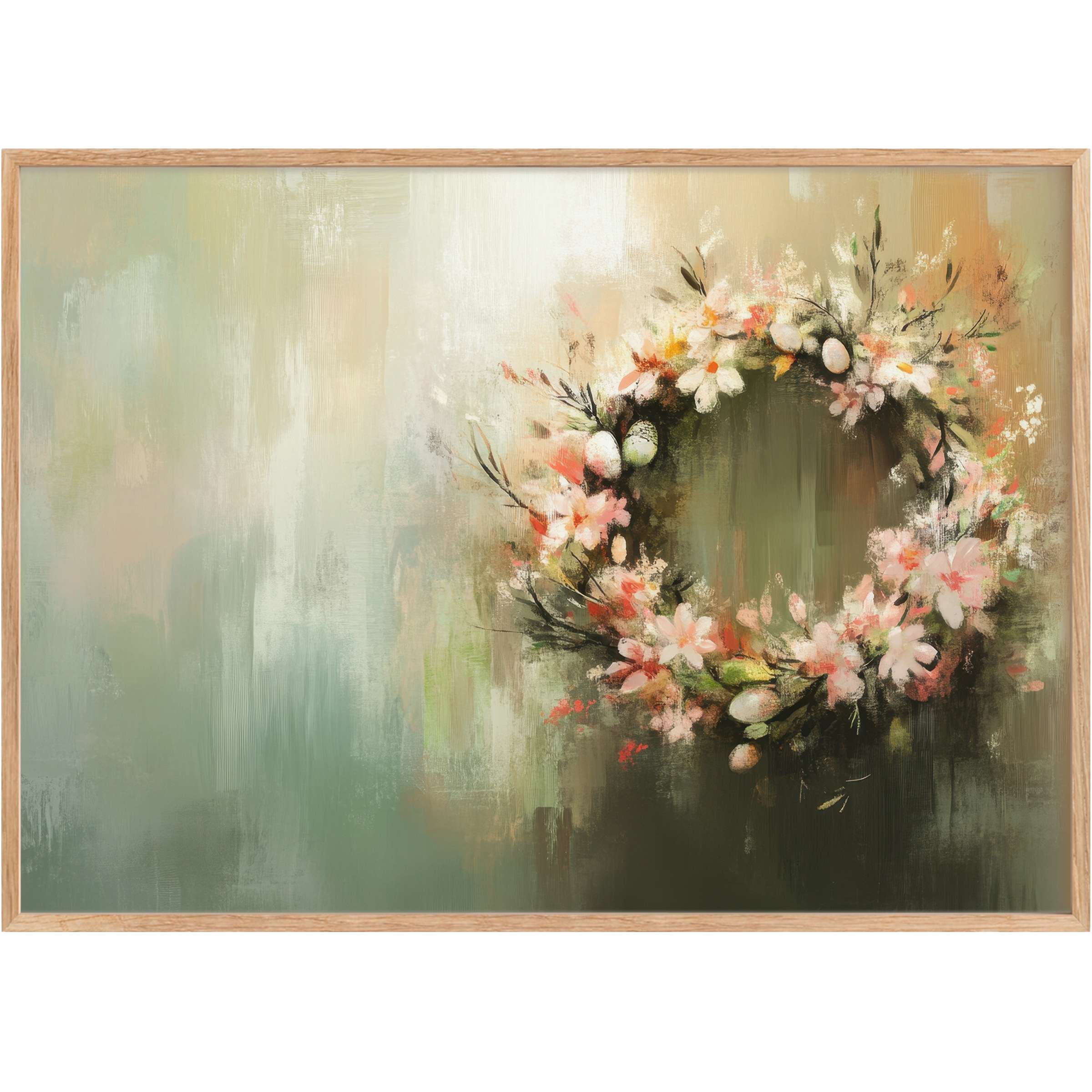 Easter printable wall art featuring a delicate floral wreath in soft pastels, evoking a serene, refined springtime ambiance