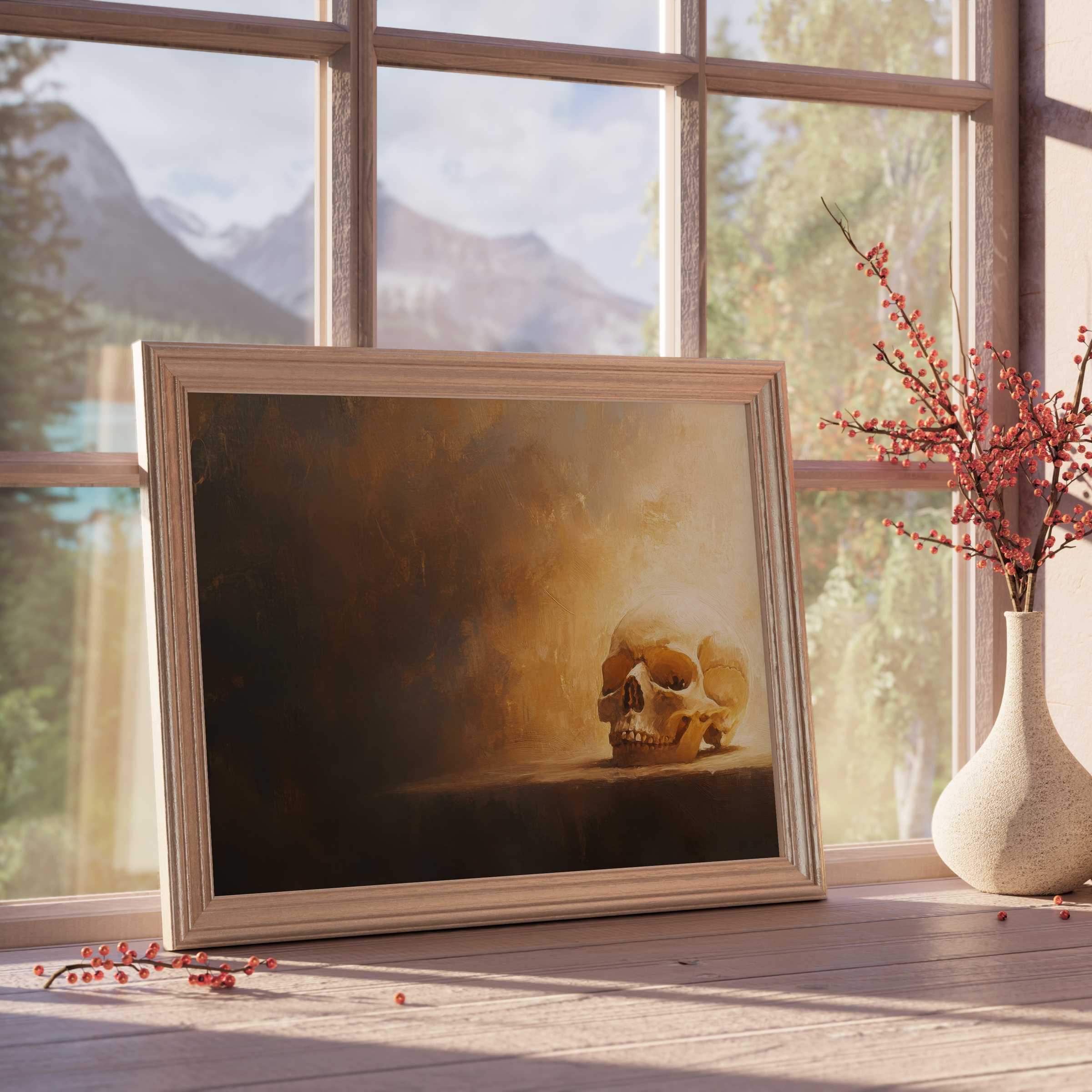 Elegant halloween downloadable art featuring a softly lit skull with warm amber tones, perfect for curated seasonal decor