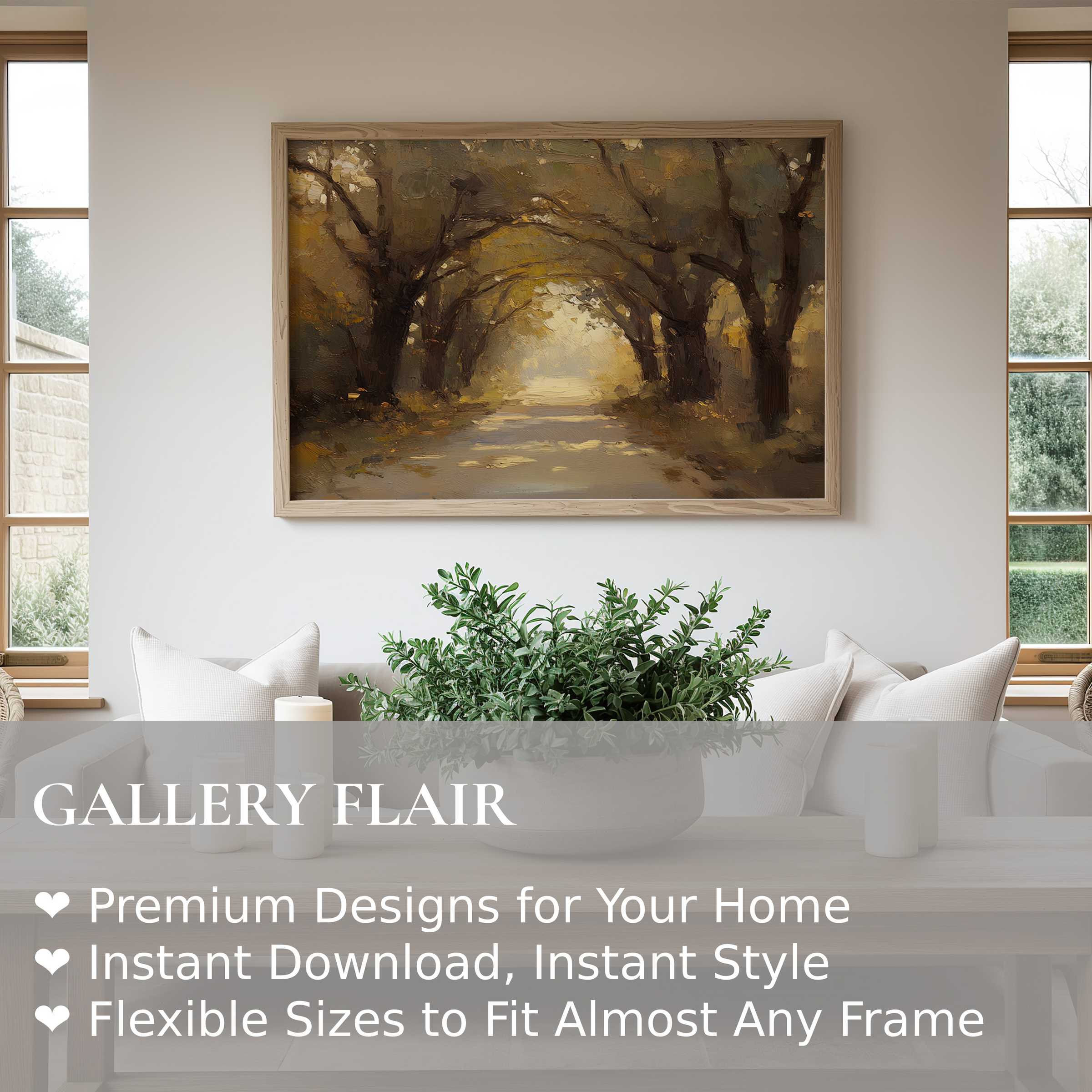 Fall wall art print depicting a radiant, serene tree tunnel in warm amber tones, enhancing modern minimalist interiors with cozy autumn charm