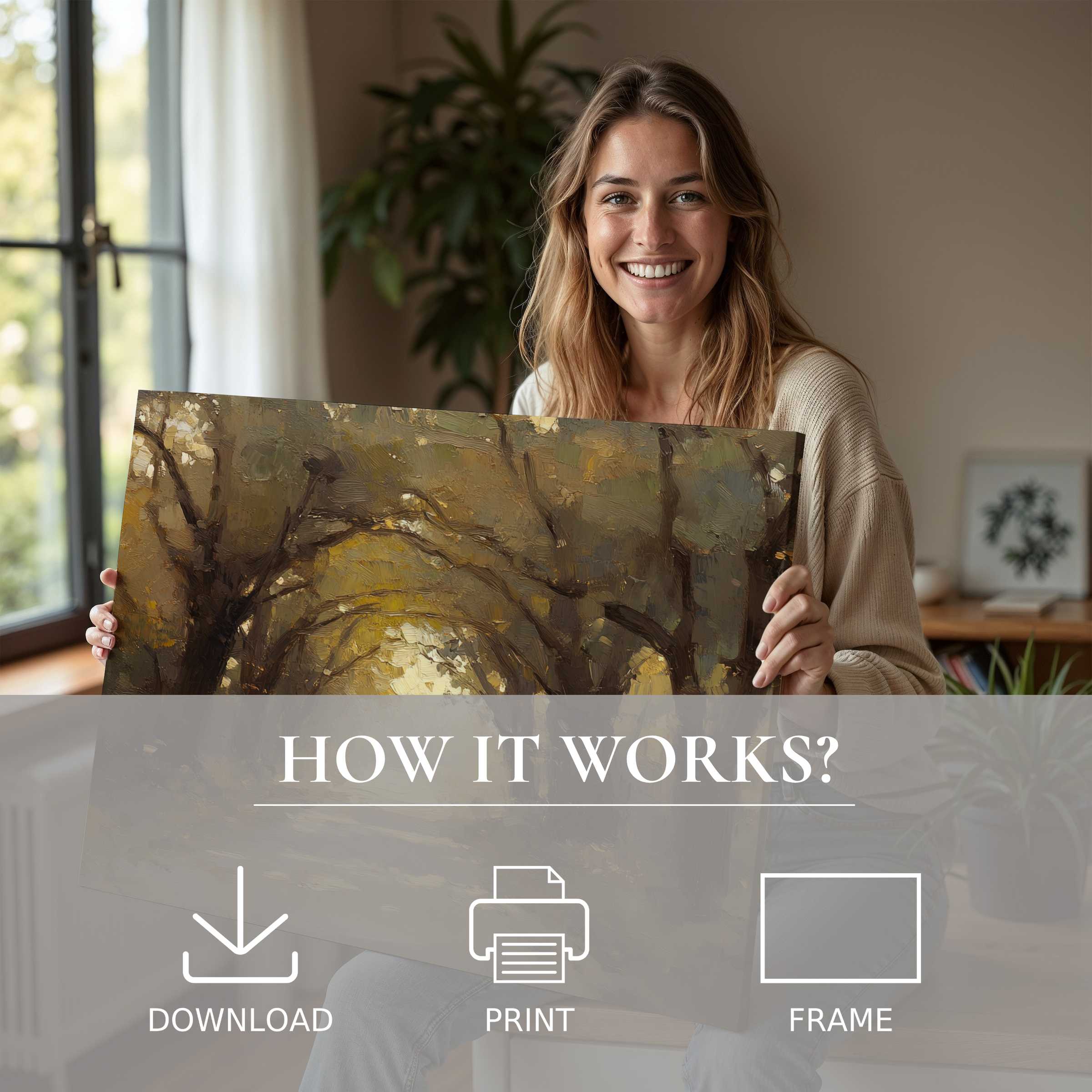 Woman radiates joy in a modern home, embracing the warm, timeless charm of a fall digital art print