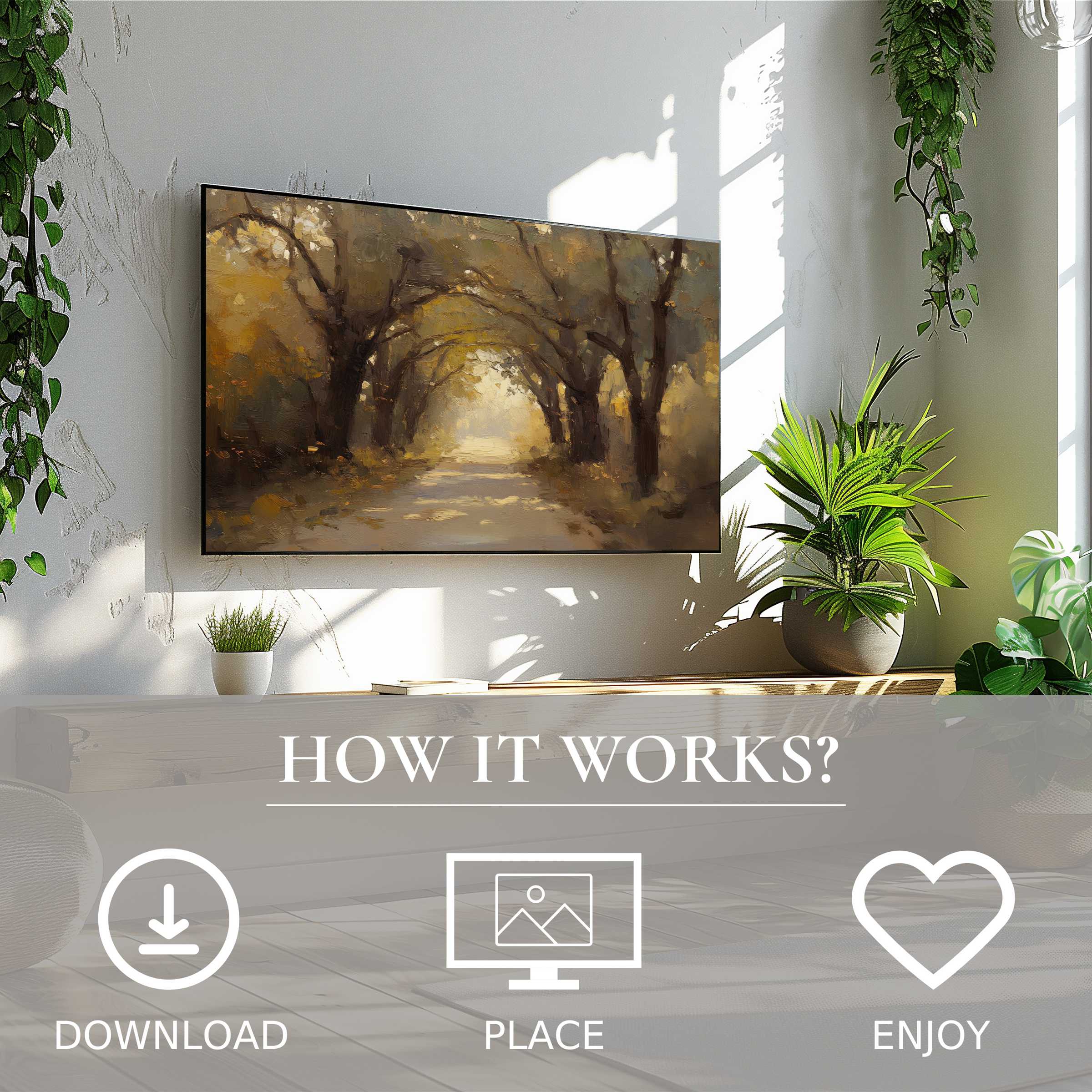 Fall art for Samsung TV shows warm, textured autumn trees; easy digital download enriches modern, plant-filled living spaces