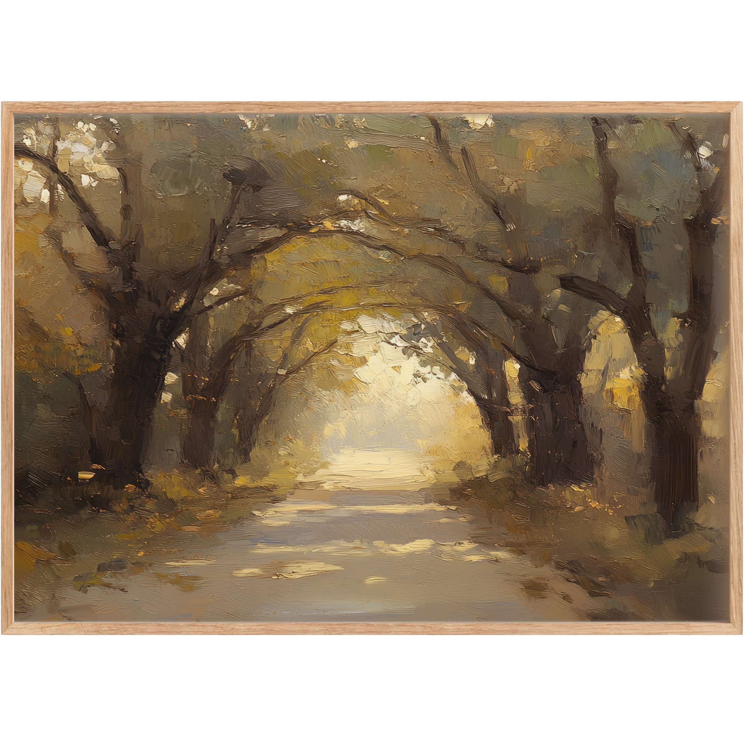 Warm, serene fall printable wall art capturing a golden tree canopy archway, evoking calm sophistication and timeless autumn elegance