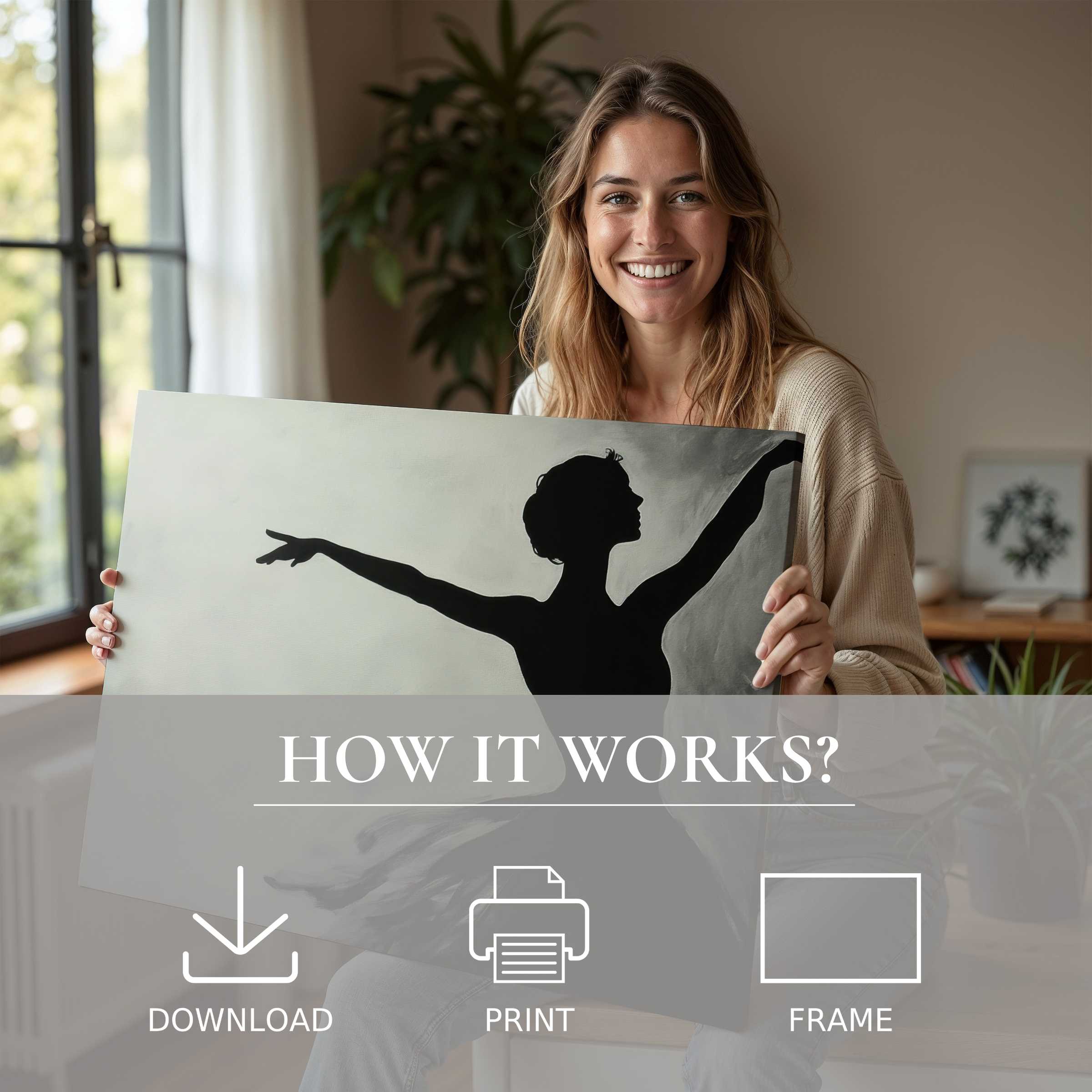 Elegant black and white digital art print radiates serenity and joy, embodying the effortless beauty of living with art