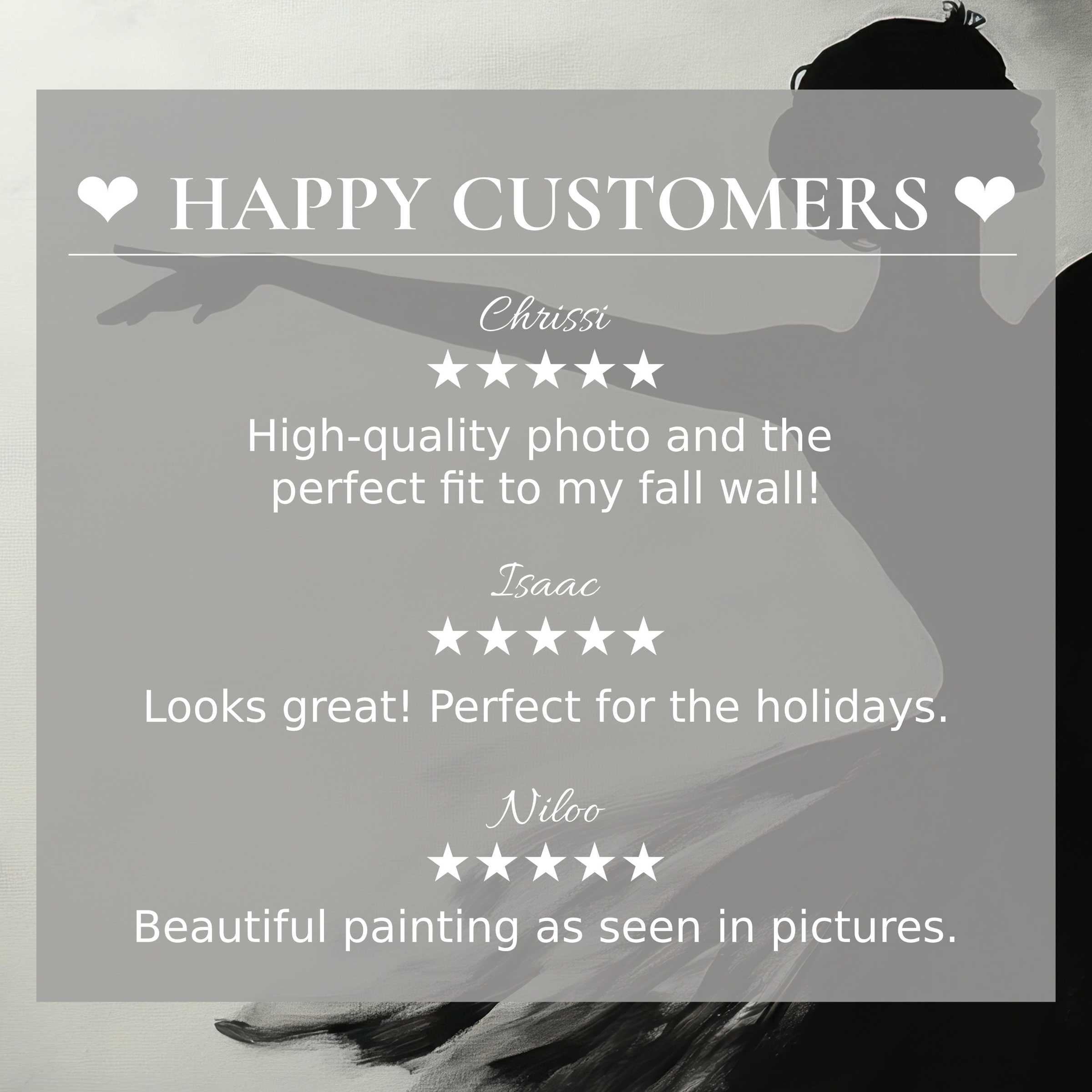 Black and white art for Frame TV with elegant dancer silhouette, showcasing happy customer reviews that inspire trust