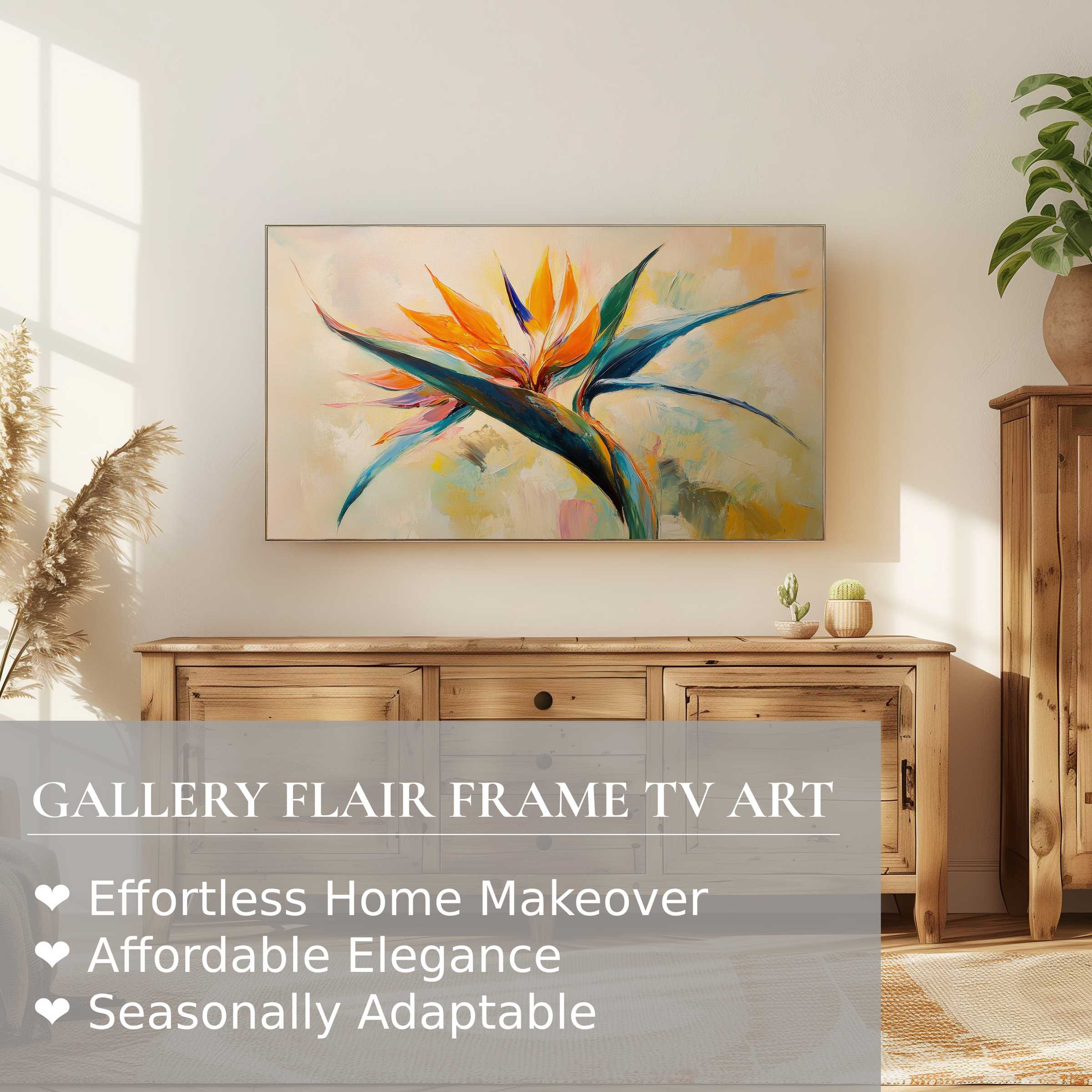 Samsung Frame TV displays vibrant botanical digital artwork in a sunlit, modern natural wood decor setting