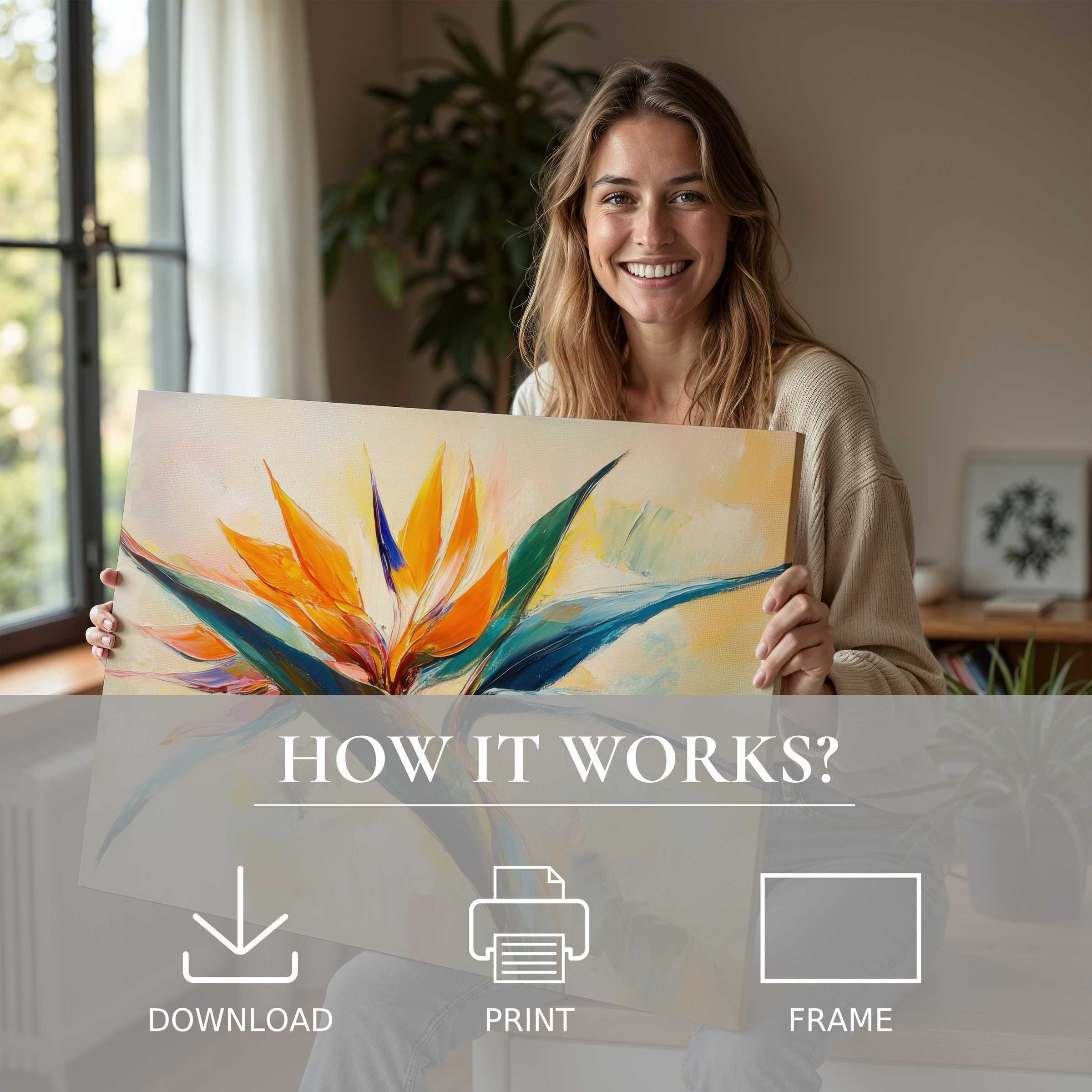 Radiant Botanical digital art print bringing vibrant warmth to a modern home, evoking joy and effortless elegance