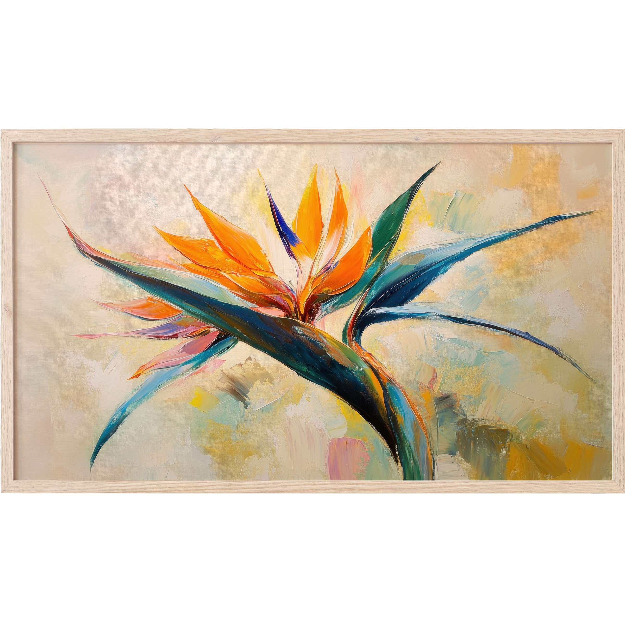 Vibrant botanical Frame TV Art featuring bold orange and teal brushstrokes in a modern, elegant floral design