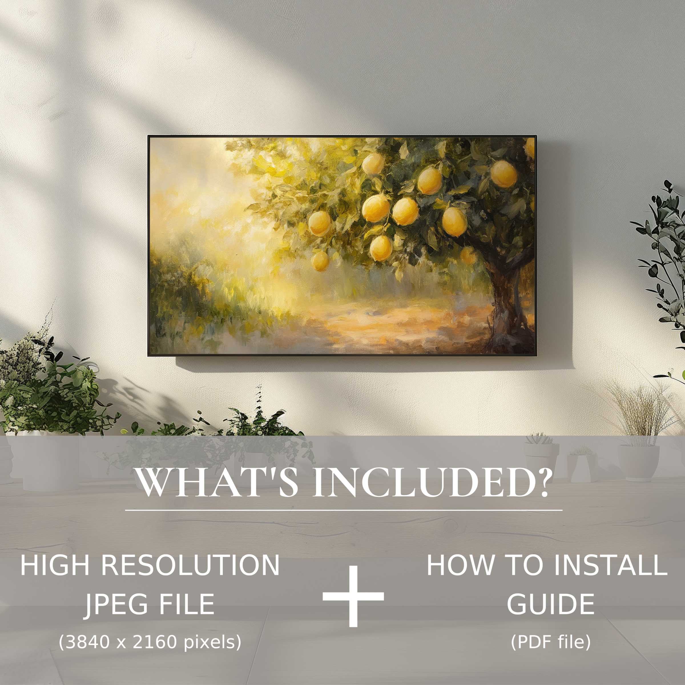 Elegant summer digital TV art download with easy use, enhancing your living space with vibrant lemon tree imagery