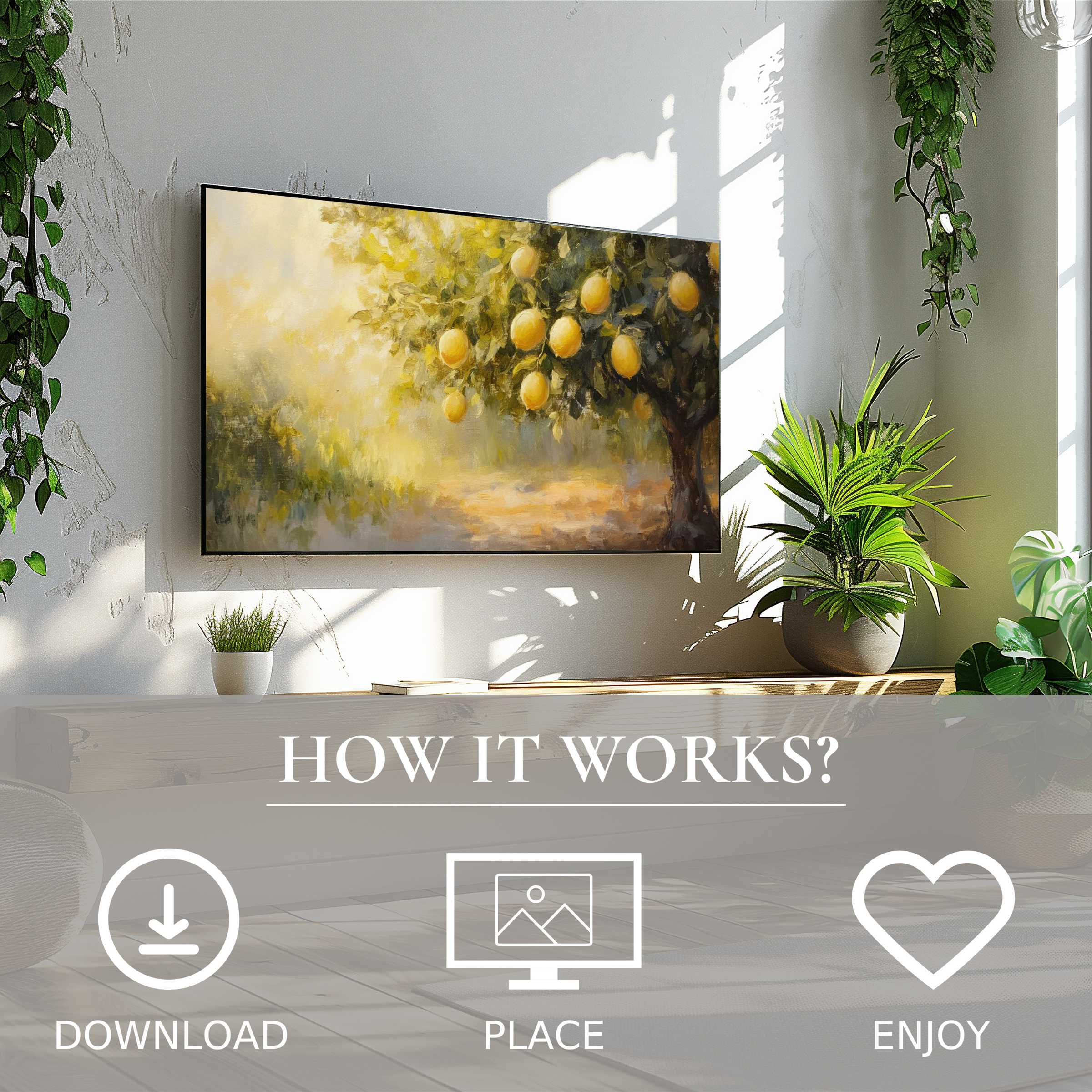 Summer art for Samsung TV shows soft lemon tree motif, easily downloadable to enrich your modern living space's warmth