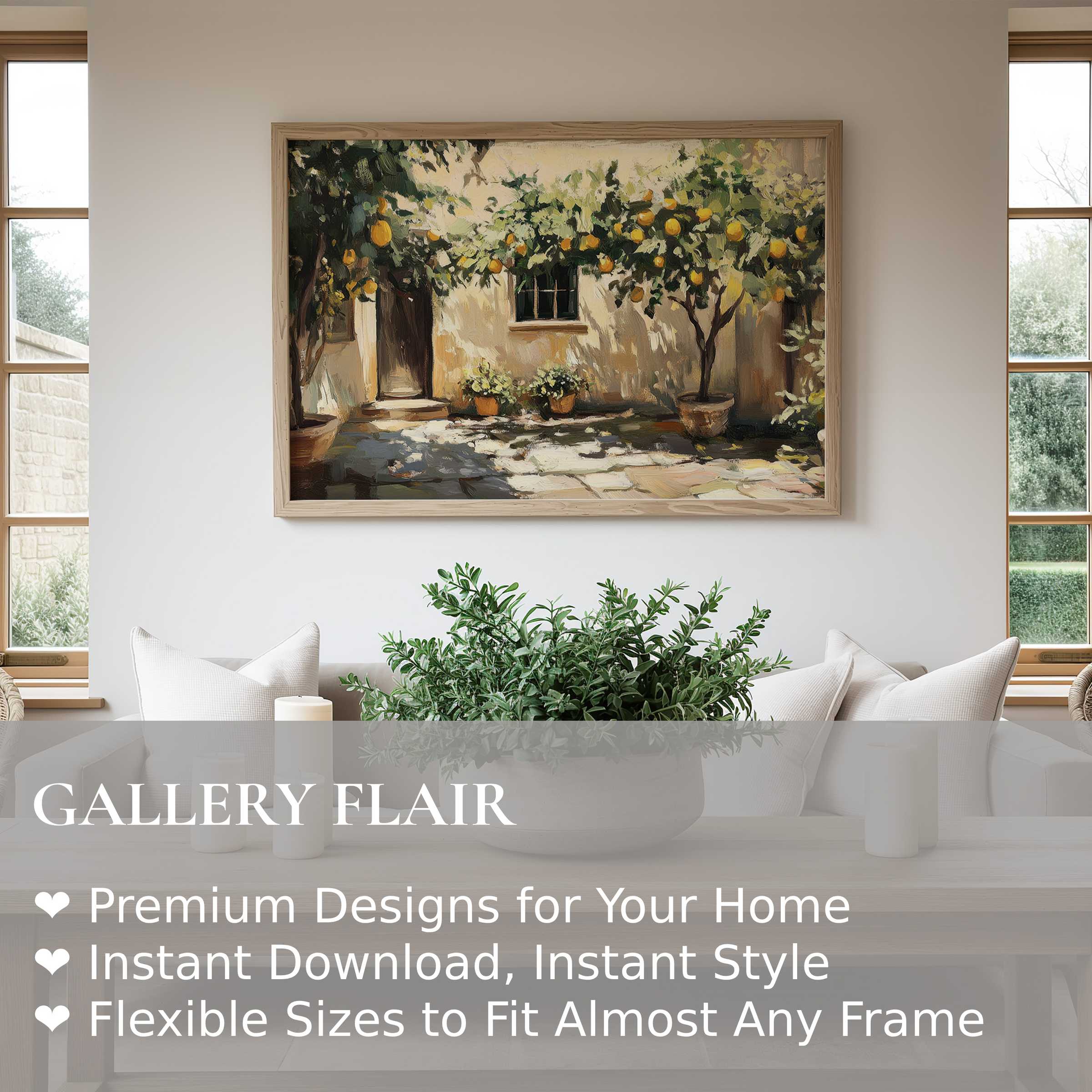 Lush tree wall art print featuring radiant lemon trees in sunlit courtyard, enriching modern minimalist interiors with warm, serene charm