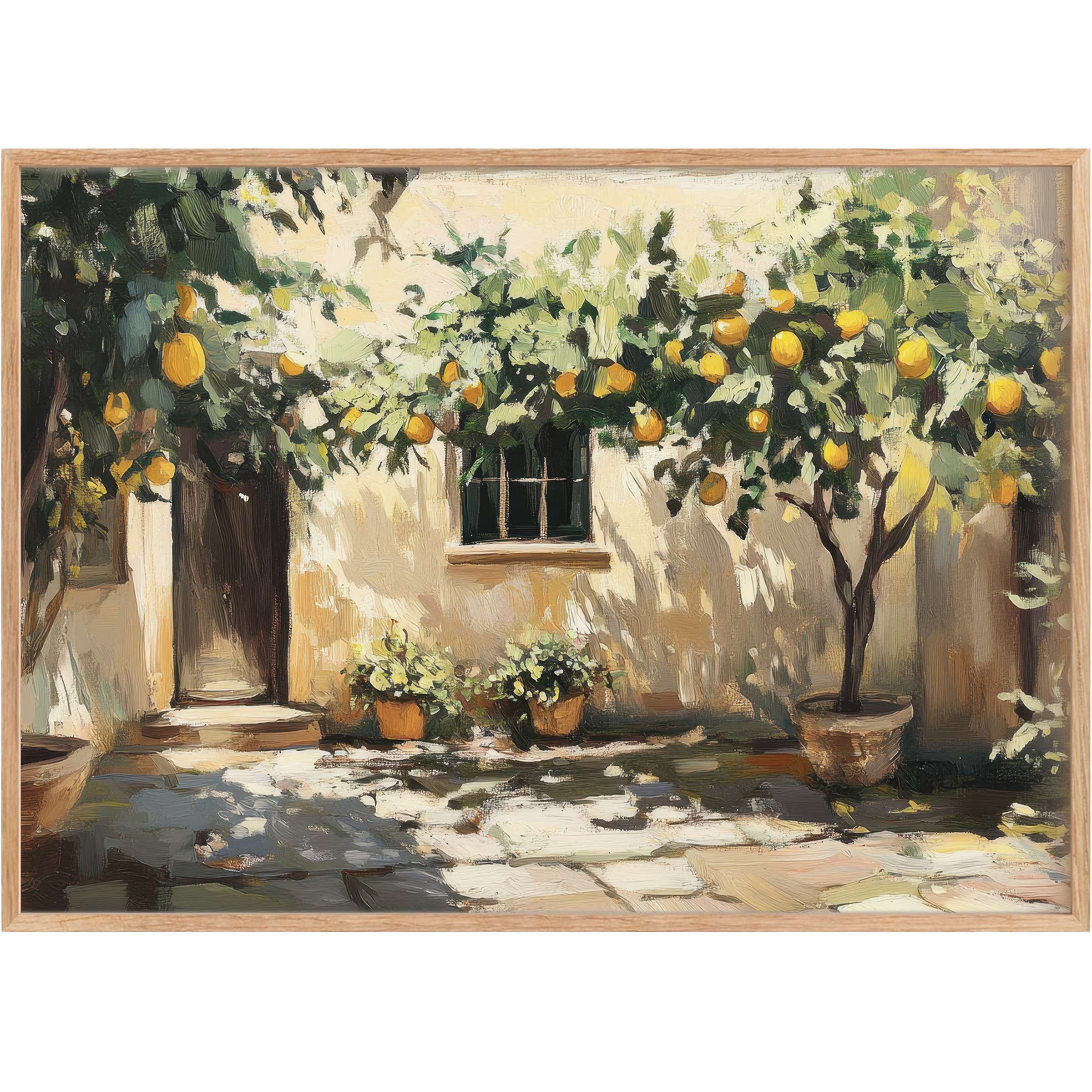 Sun-dappled courtyard with lush lemon tree printable wall art, evoking a radiant, warm Mediterranean ambiance