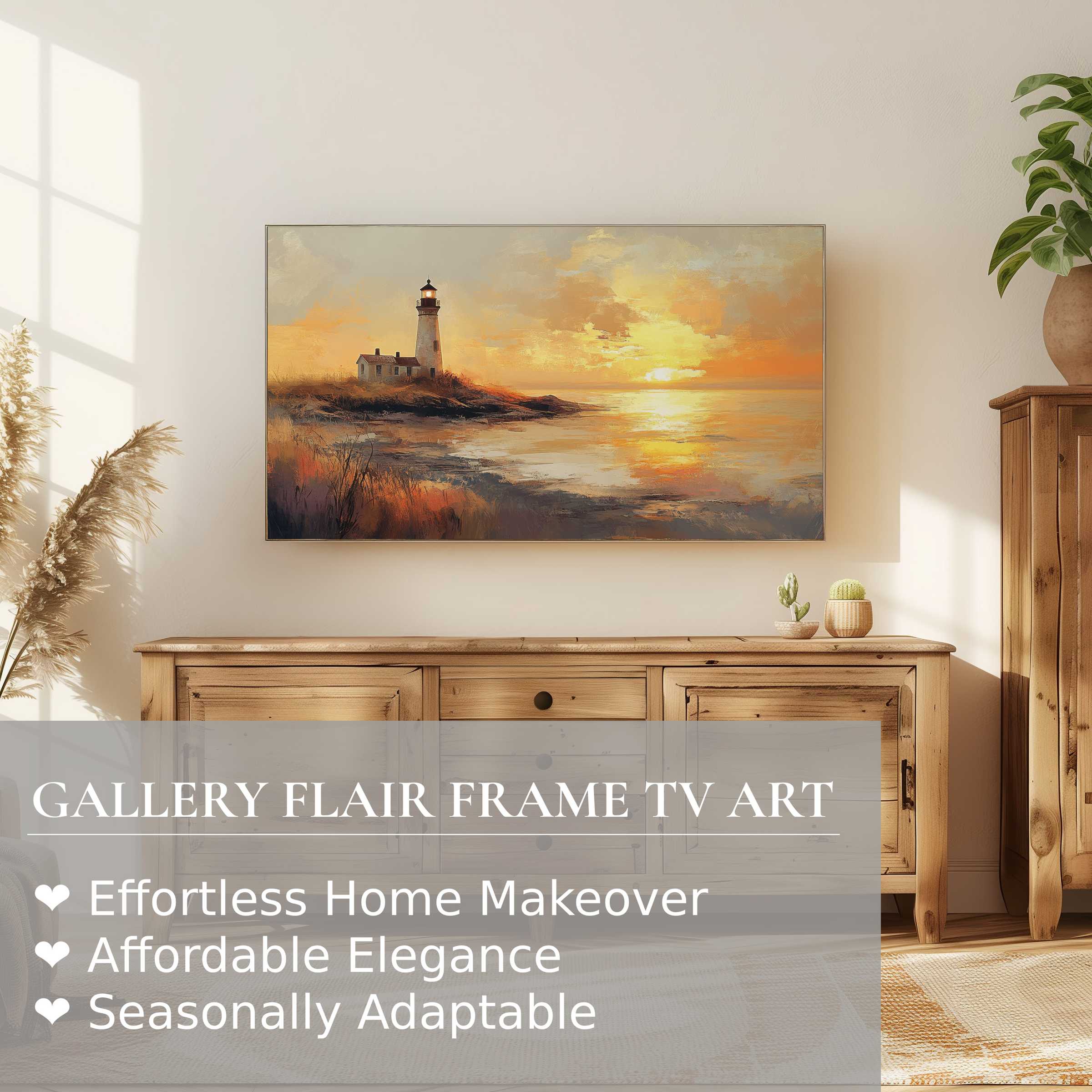Samsung Frame TV displaying coastal digital artwork of a serene lighthouse sunset in a modern, elegant room