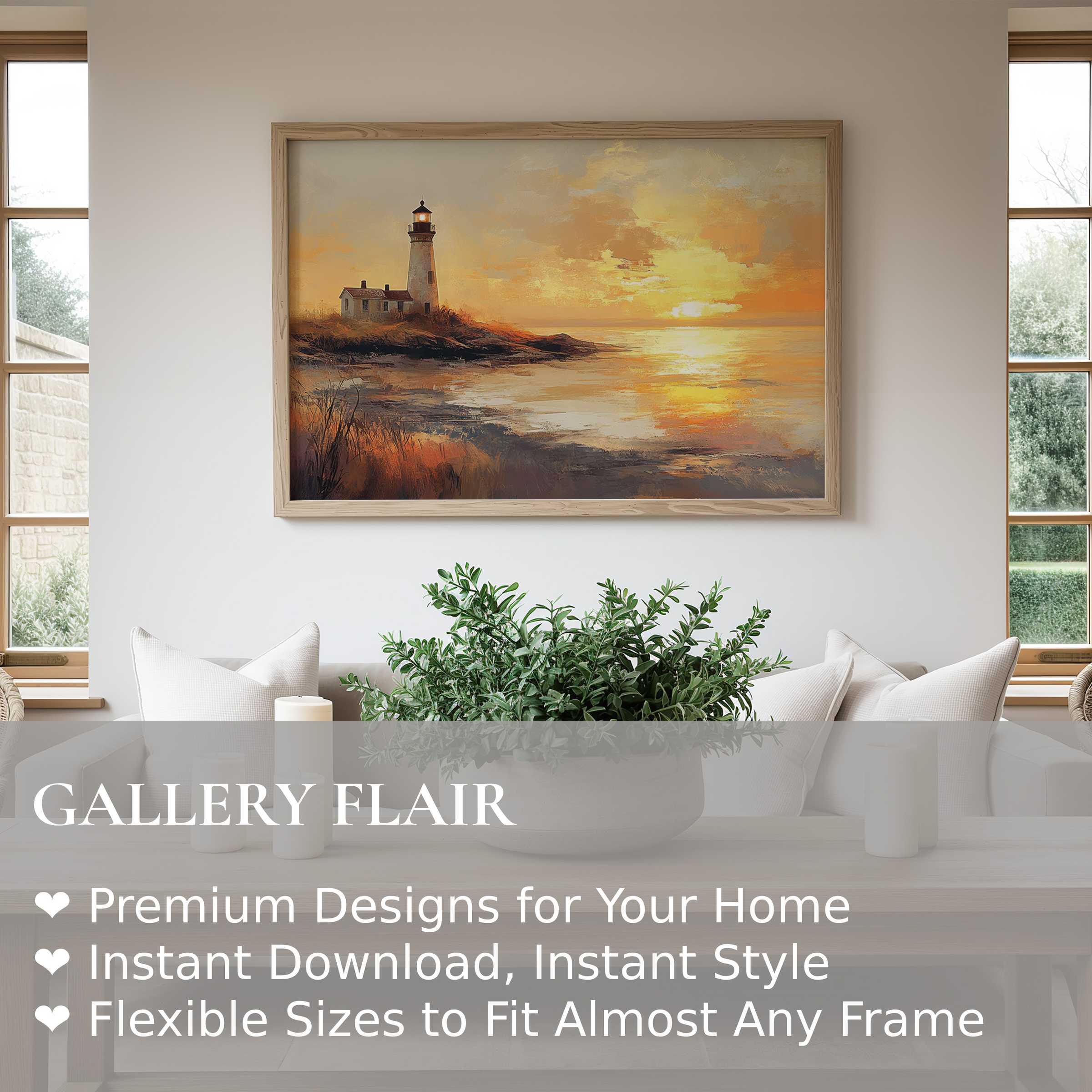 Coastal wall art print capturing a radiant sunset lighthouse scene, enriching modern coastal interiors with warm, calming elegance