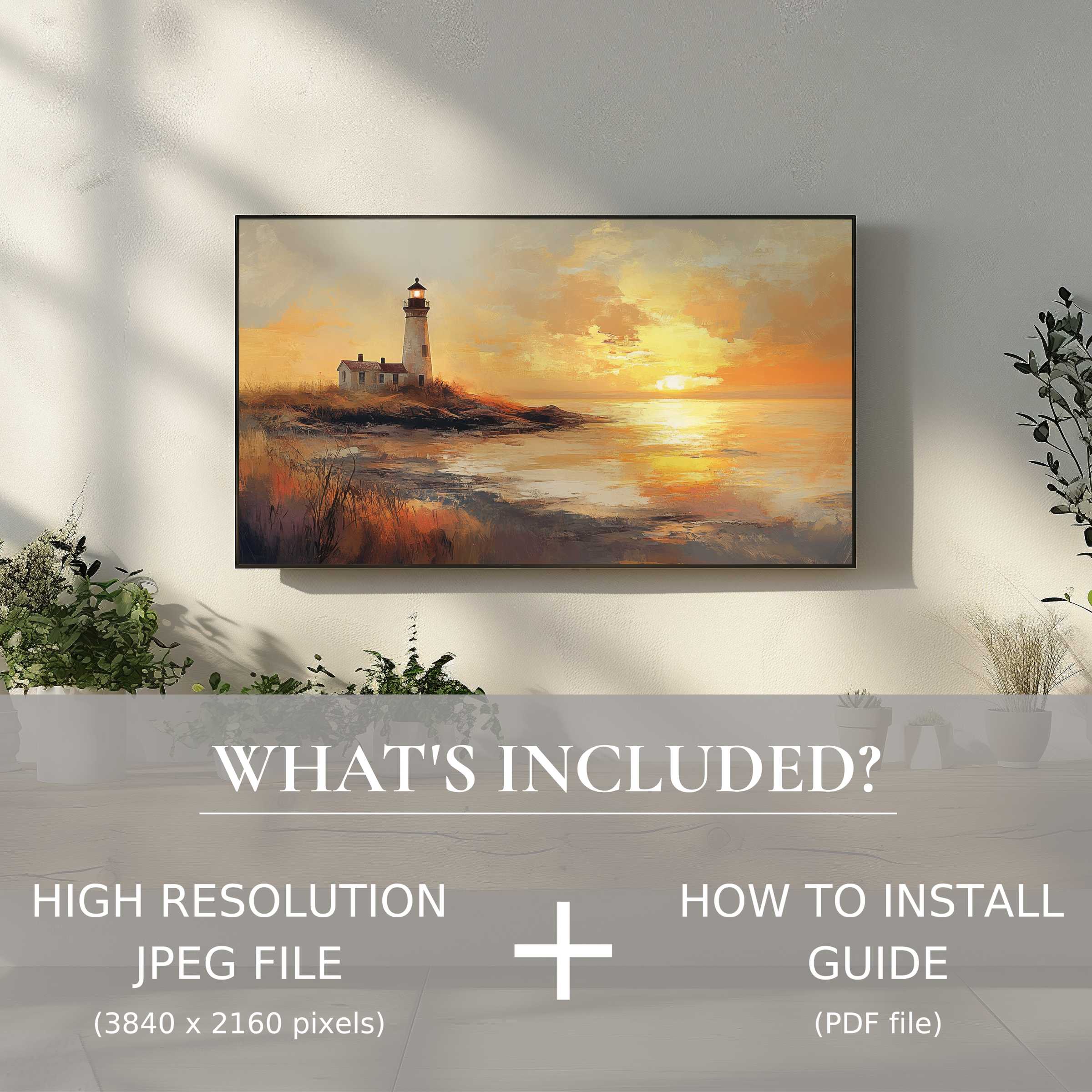 Elegant coastal digital TV art download enhancing modern living spaces with easy digital use and serene lighthouse sunset