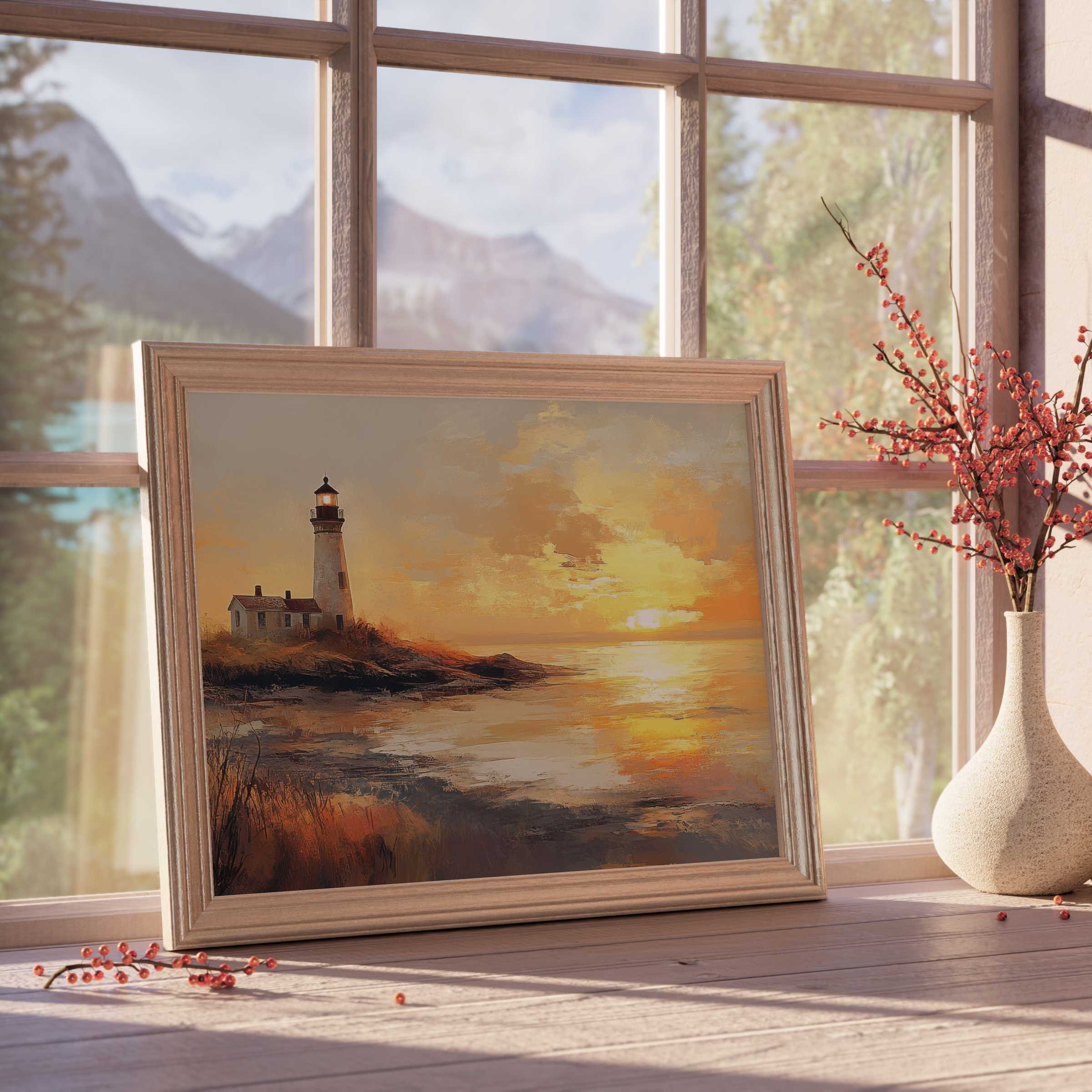 Coastal downloadable art capturing a serene lighthouse sunset, infusing tranquil, curated warmth into elegant interiors