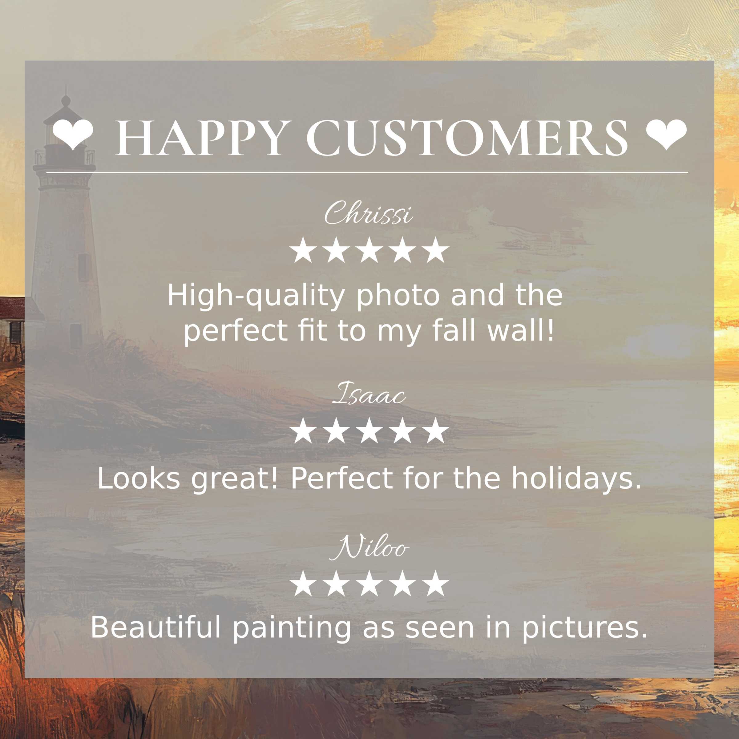 Coastal art for Frame TV with serene lighthouse sunset, happy customer reviews build trust and showcase elegant style