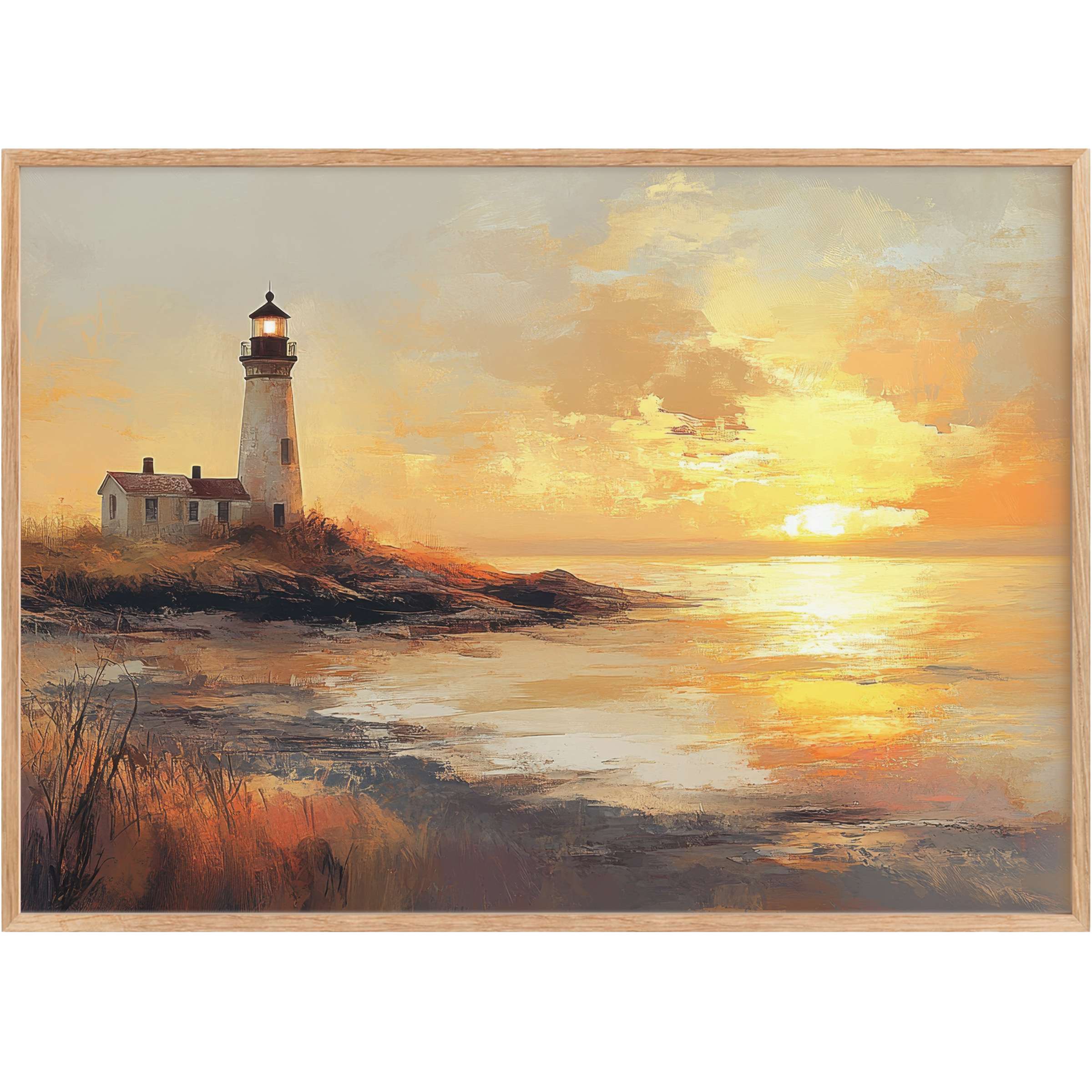 Coastal printable wall art capturing a serene lighthouse at sunset, with warm amber and soft gray hues creating a tranquil, radiant ambiance