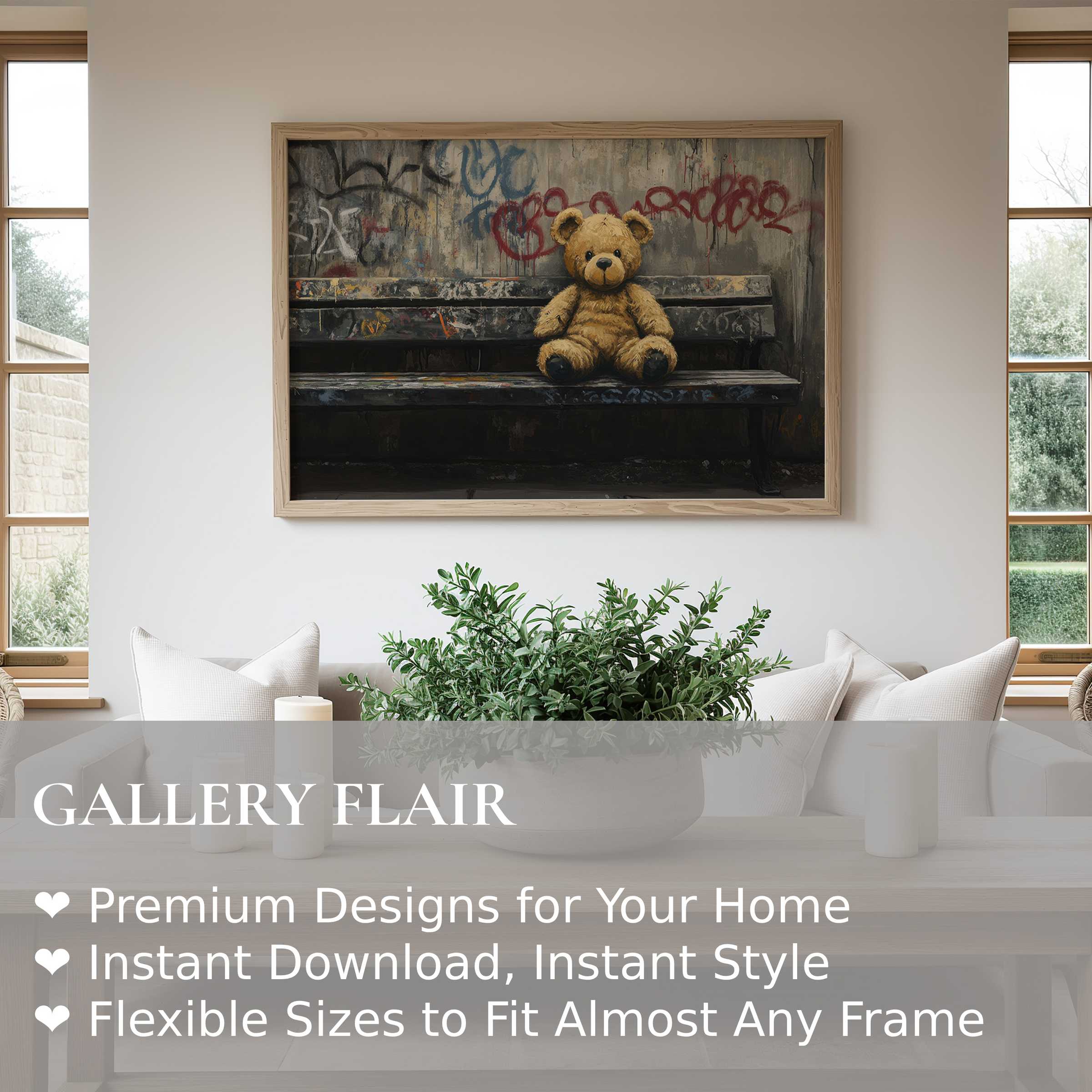 Street art wall art print featuring a nostalgic teddy bear on a graffiti-adorned bench, adding bold urban charm to a modern minimalist living room