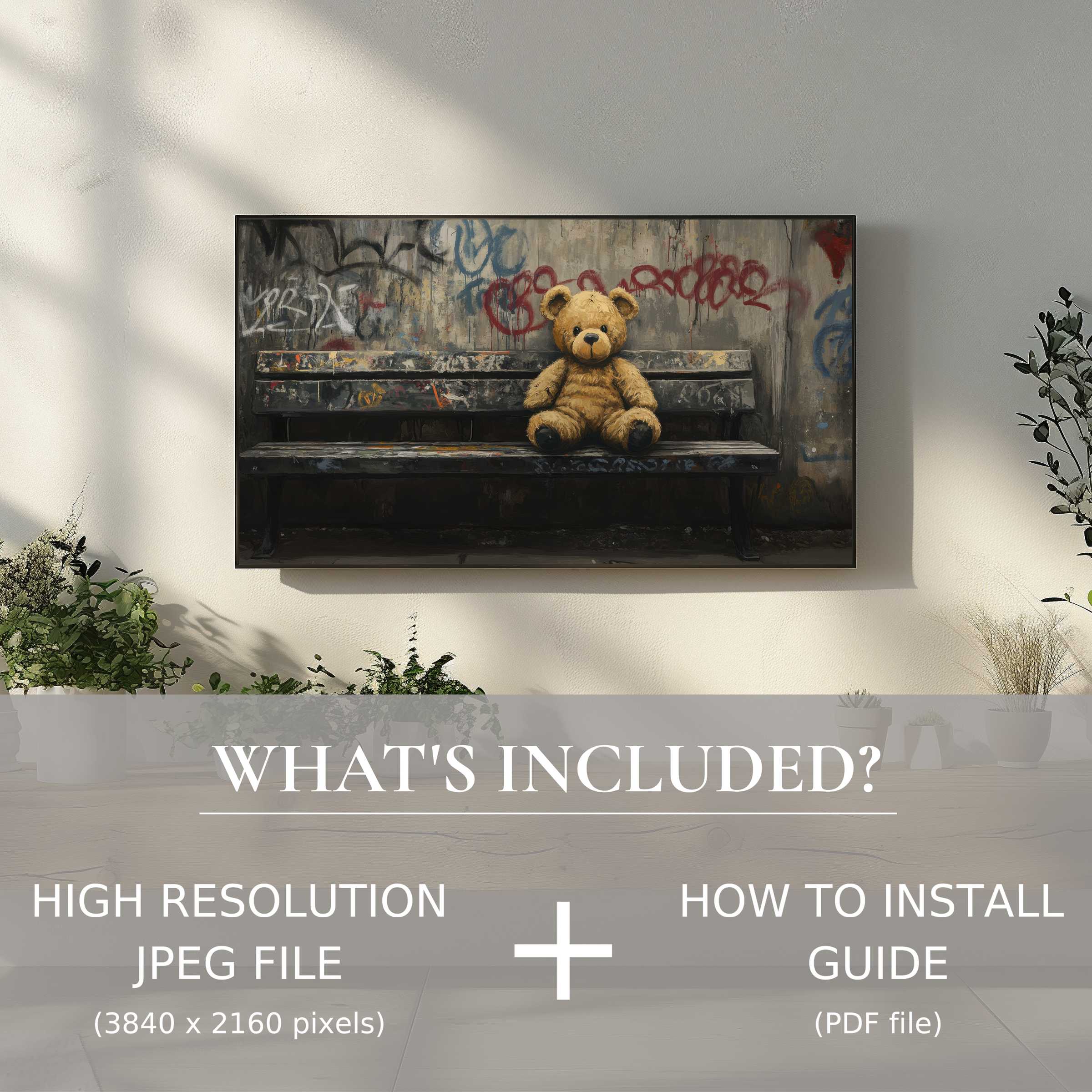 Stylish living with street art digital TV art download, offering easy digital use to elevate any modern space effortlessly