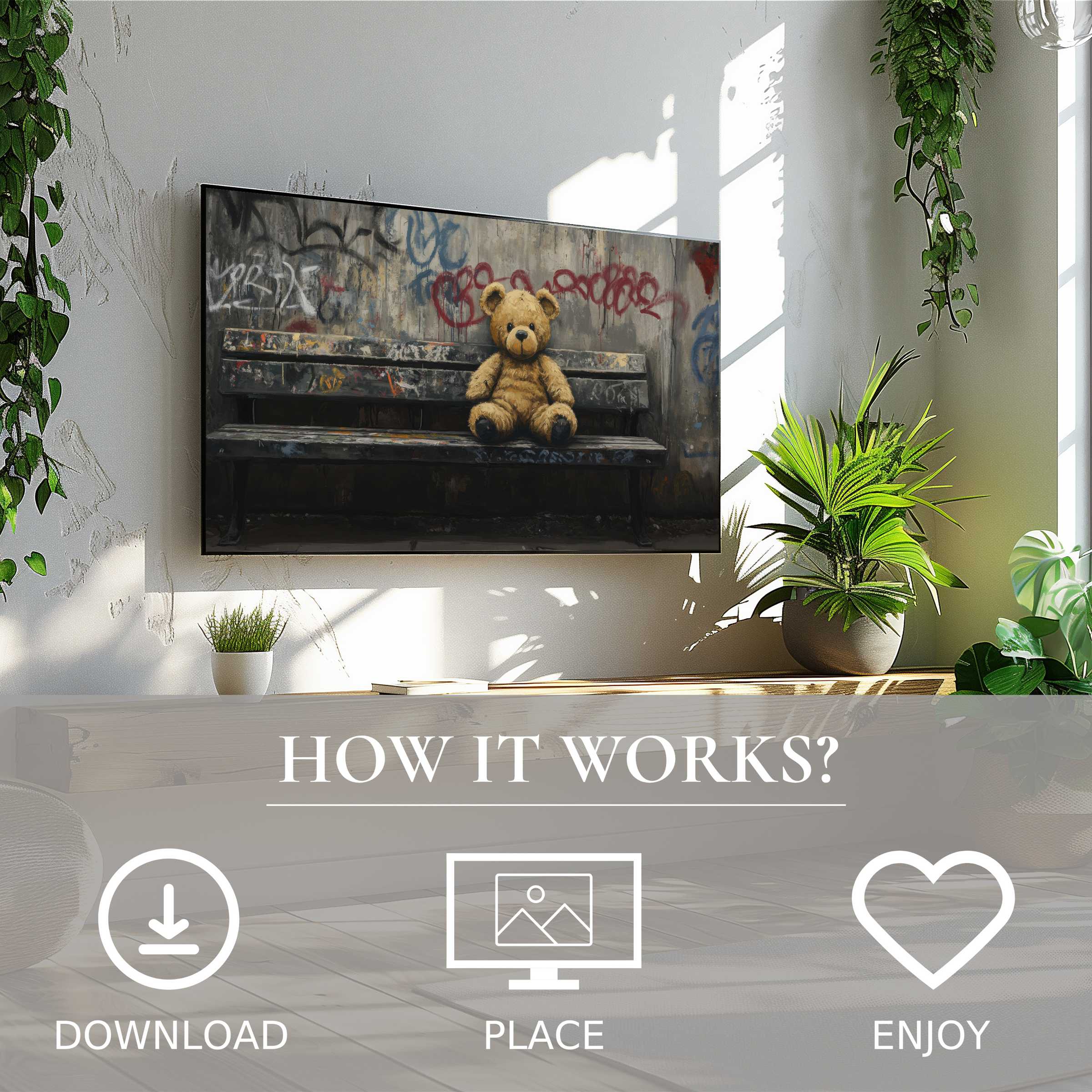 Street art for Samsung TV shows a teddy bear on a graffiti bench, easy digital download enriches modern living spaces