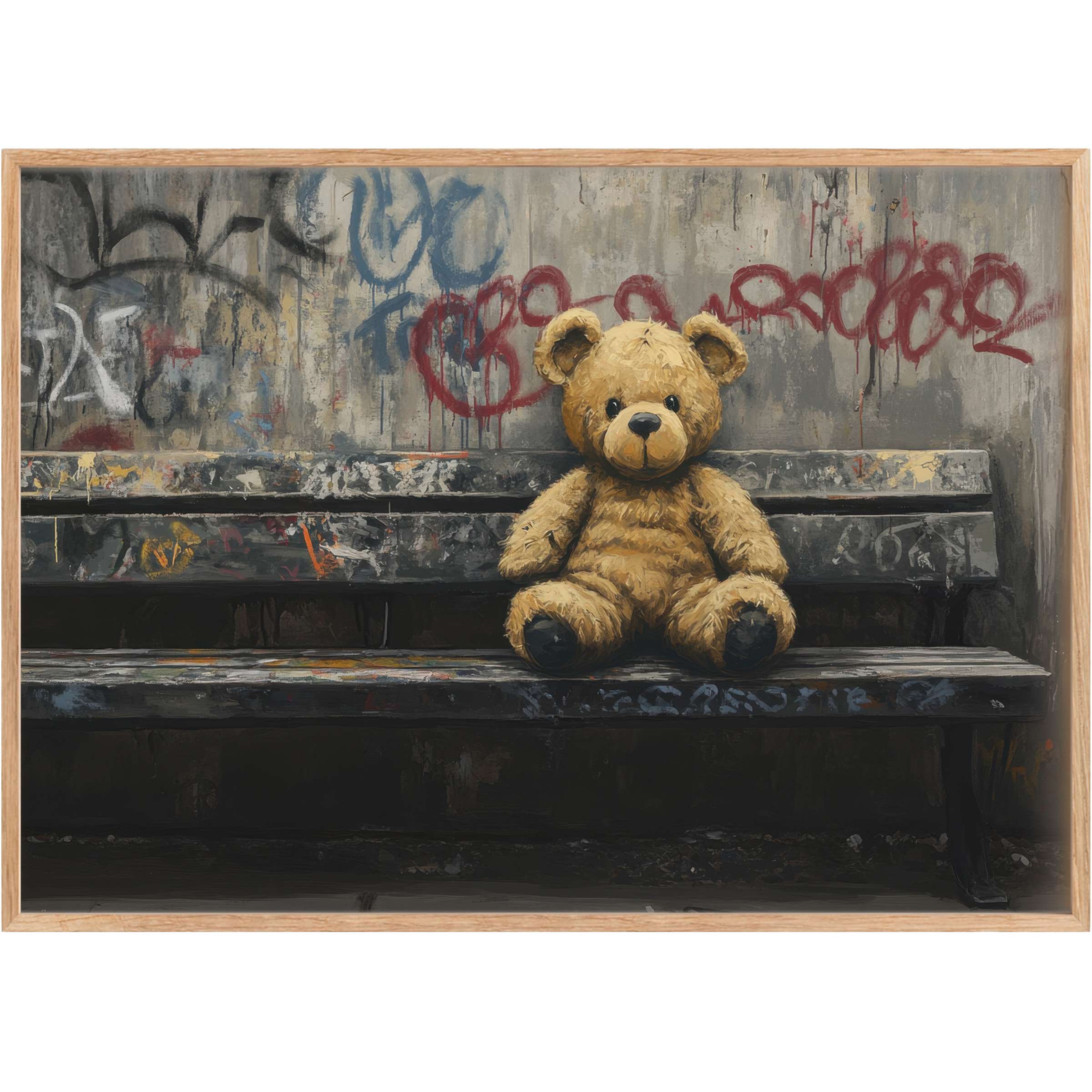 Urban-chic street art printable wall art featuring a tender teddy on a distressed bench, evoking nostalgic warmth in muted grays and soft browns