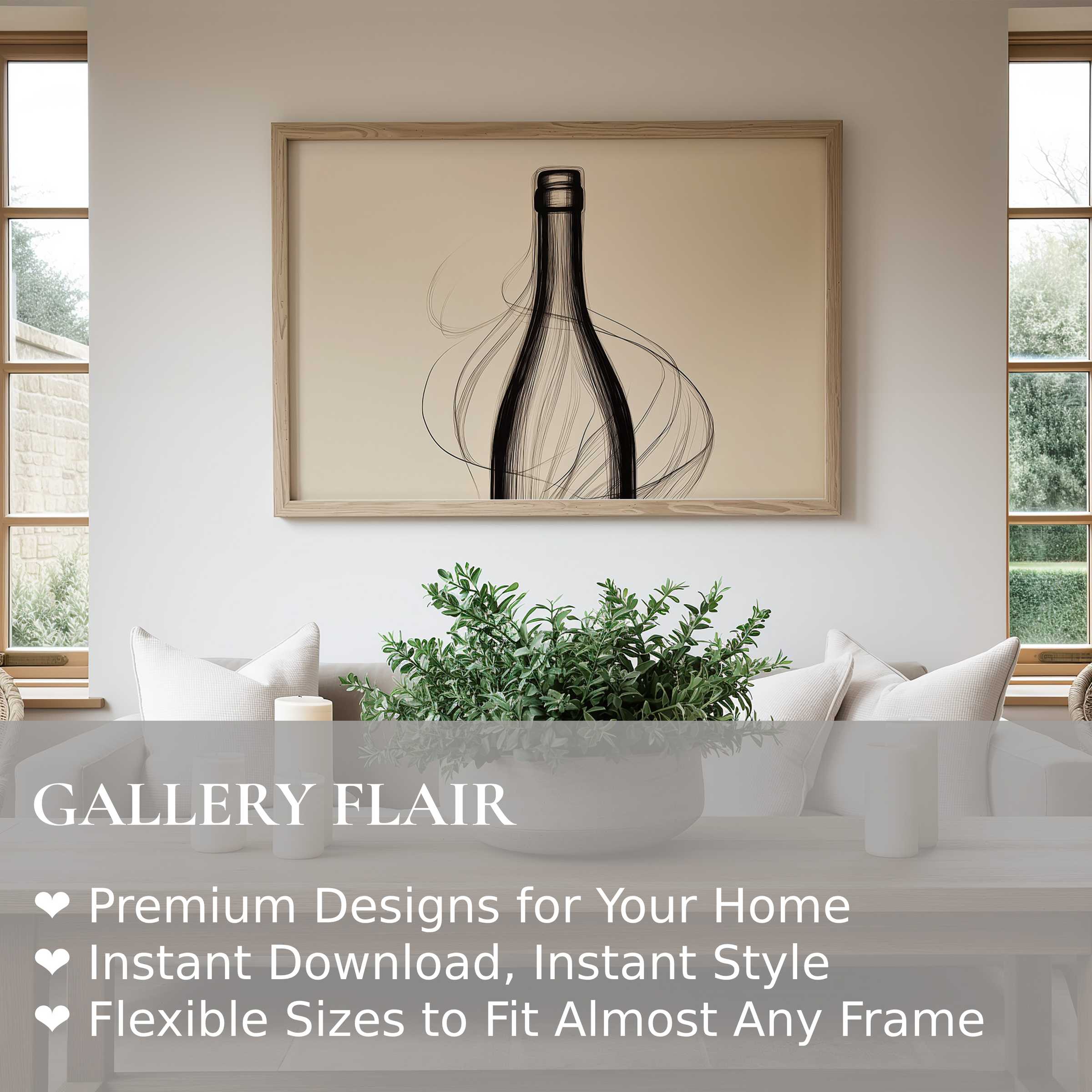 Minimalist wall art print featuring an elegant black bottle silhouette with flowing lines, enhancing a serene modern living room with soft, organic warmth