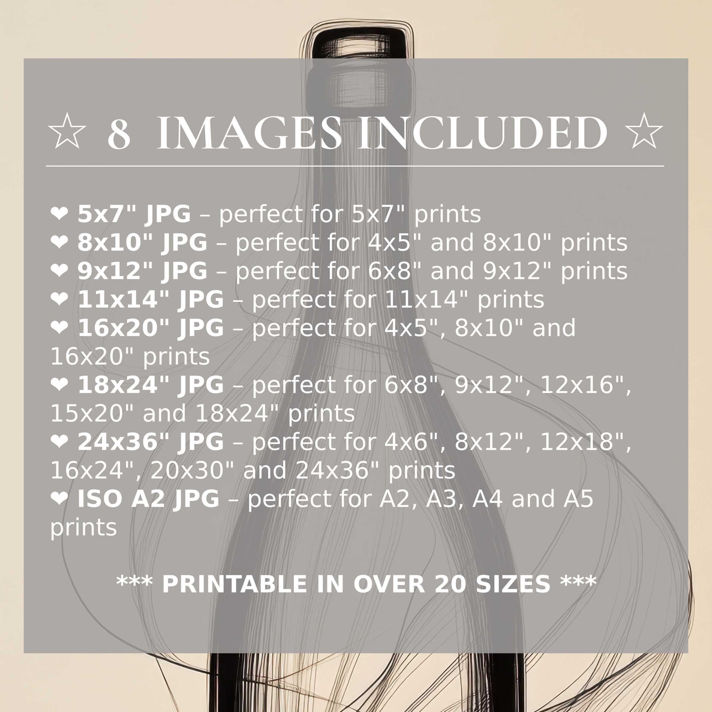 Minimalist digital print radiates calming beige and bold black tones, elevating modern interiors with 8 included high-quality sizes