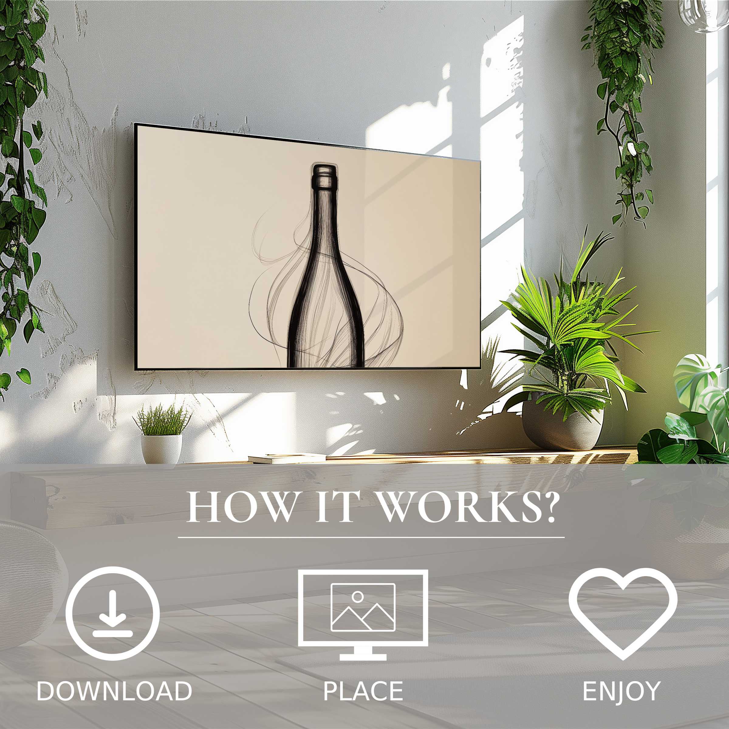 Minimalist art for Samsung TV: digital download shows abstract bottle sketch, enhancing bright modern spaces with ease