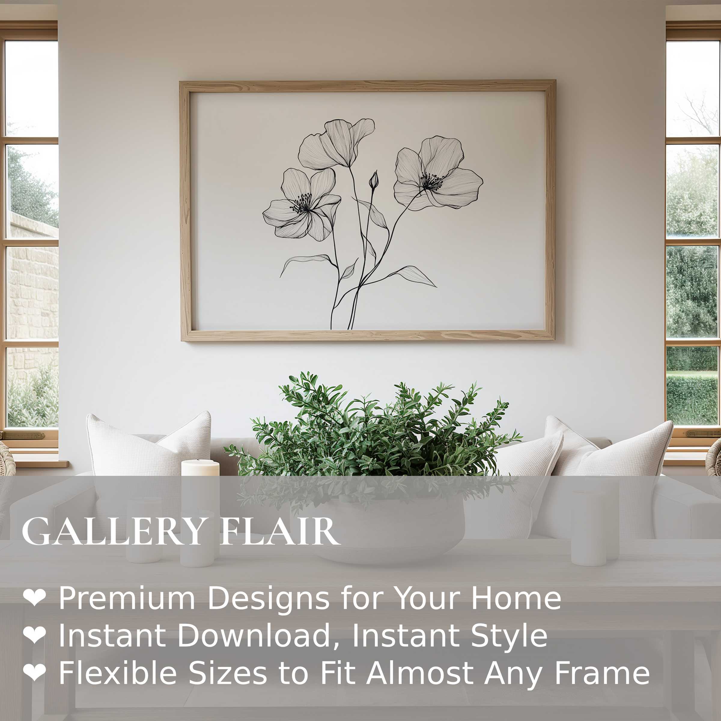 Elegant floral wall art print with delicate black line blooms, enhancing modern minimalist interiors with soft, calming sophistication