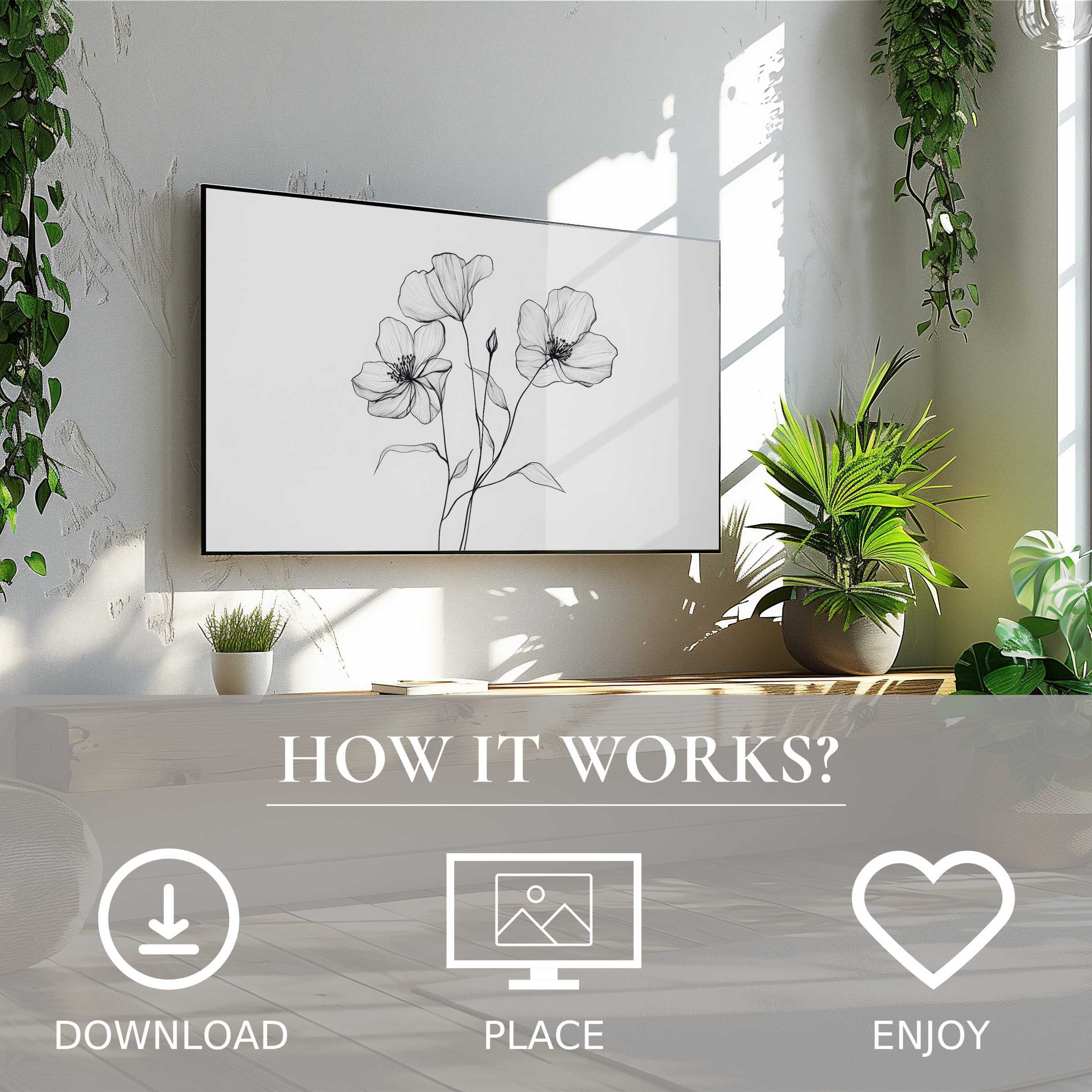 Modern living room with botanical sunlight; floral art for Samsung TV features delicate black line flowers, easy digital download