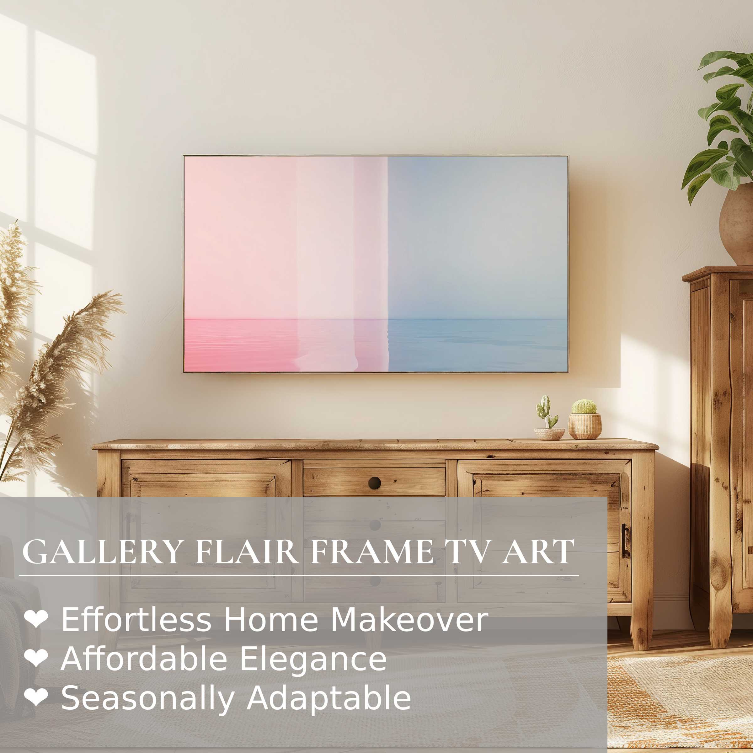 Samsung Frame TV displaying calming modern digital artwork in a sunlit, elegant living space with natural wood decor