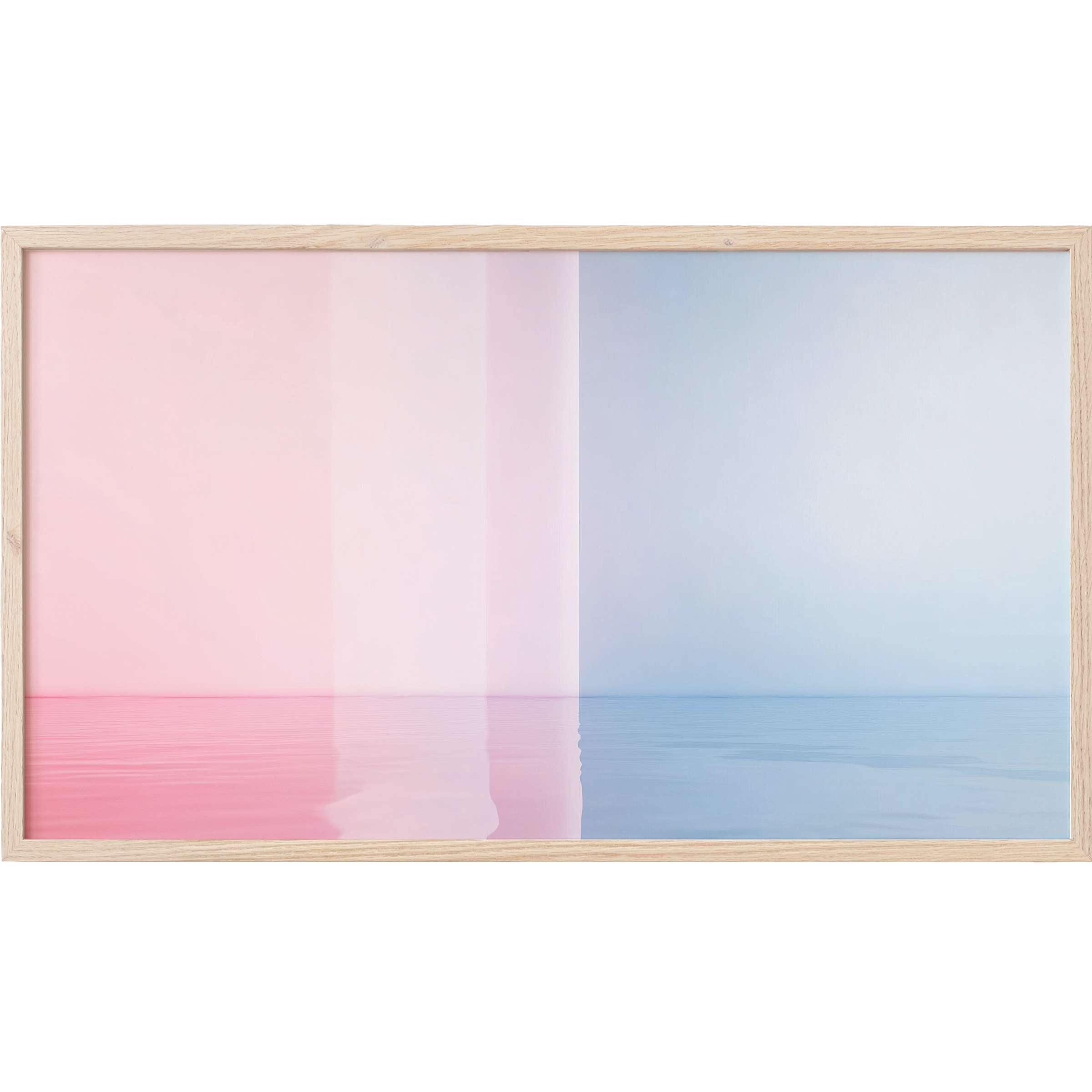 Modern Frame TV Art with soft pink and blue gradient, minimalist water reflection, and natural wood frame elegance