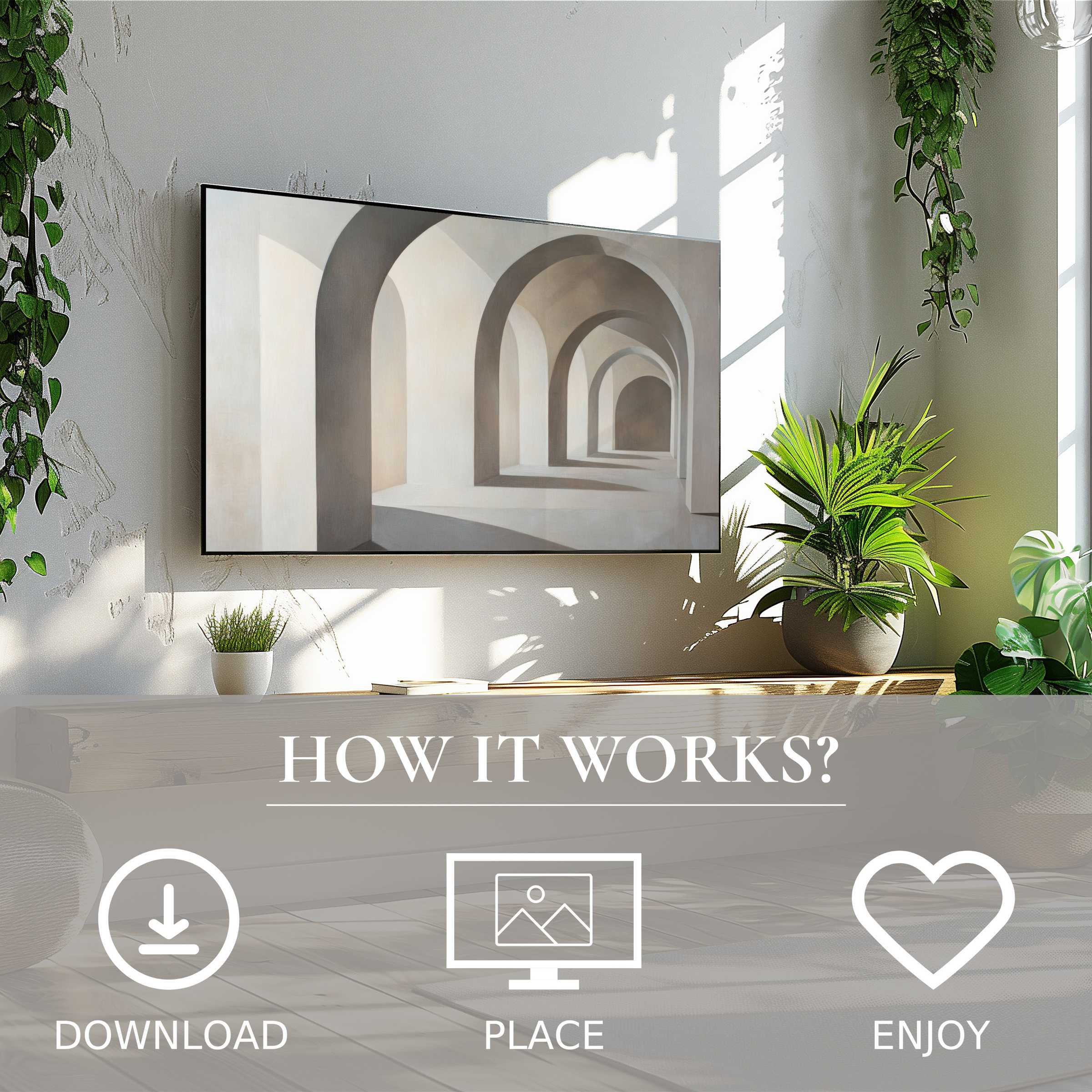 Neutral art for Samsung TV shows soft beige arches in minimalist space, easy digital download enriching modern living rooms