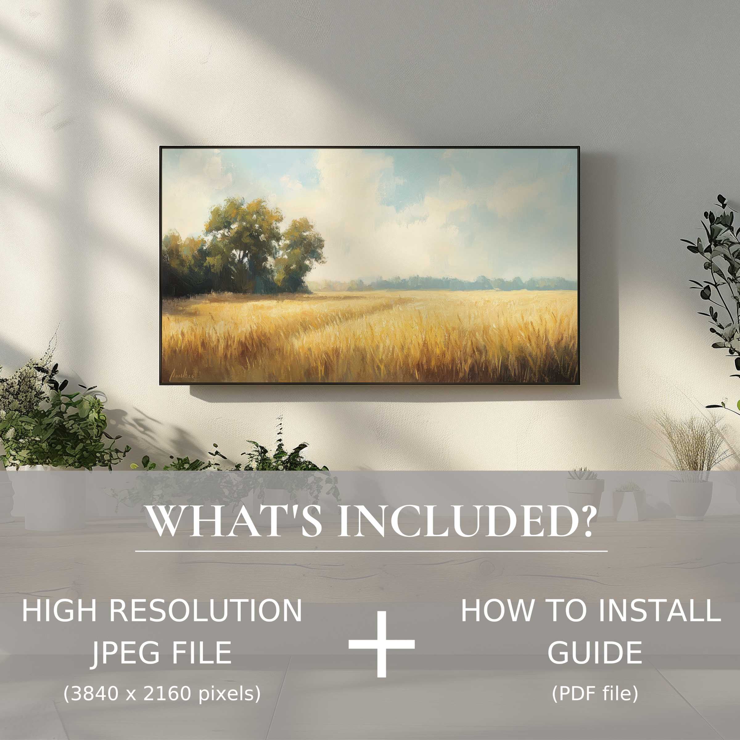 Elegant farmhouse digital TV art download enhances cozy spaces with easy digital use, showcasing serene rural landscape