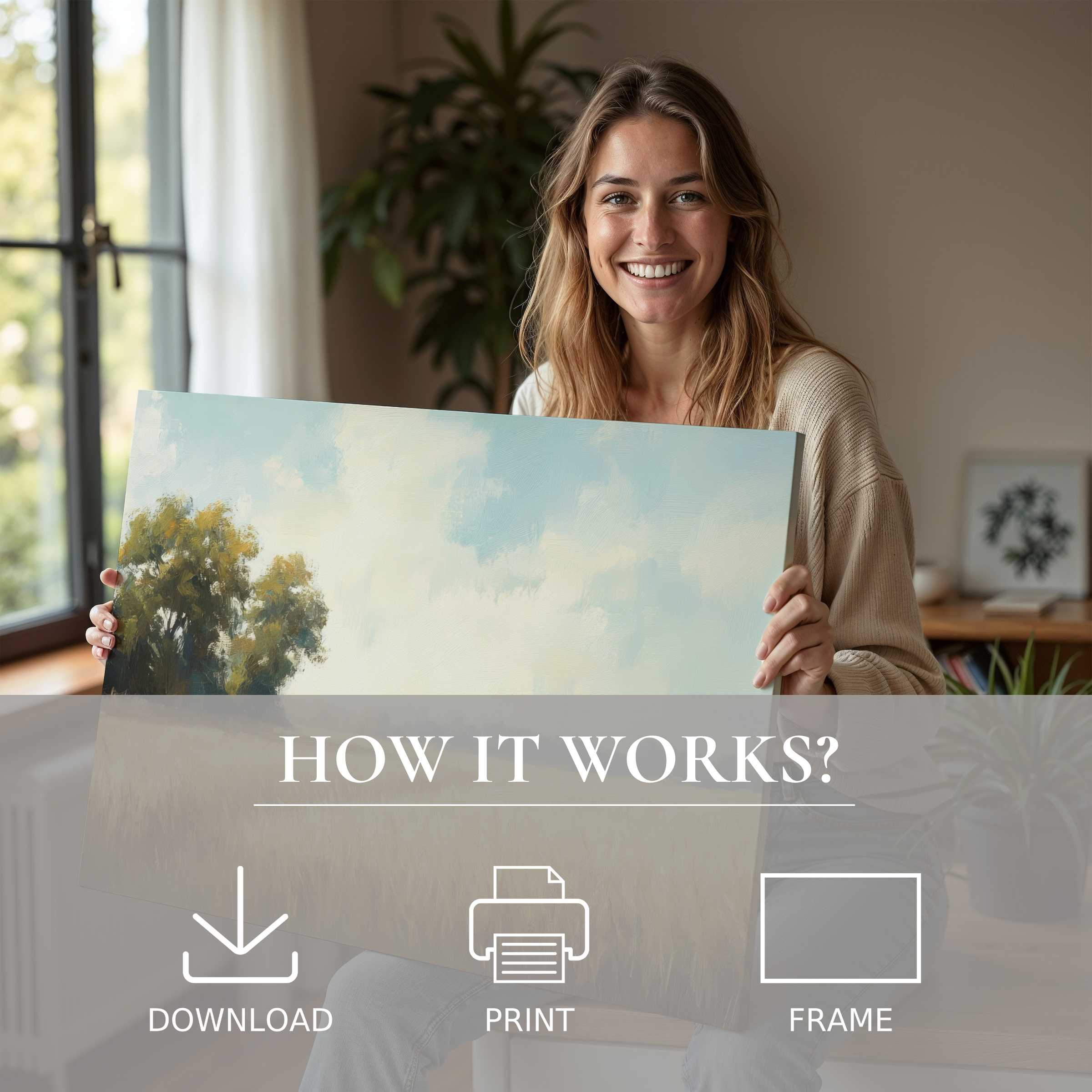 Radiant joy captures the effortless harmony of farmhouse digital art print elevating a serene, stylish home sanctuary