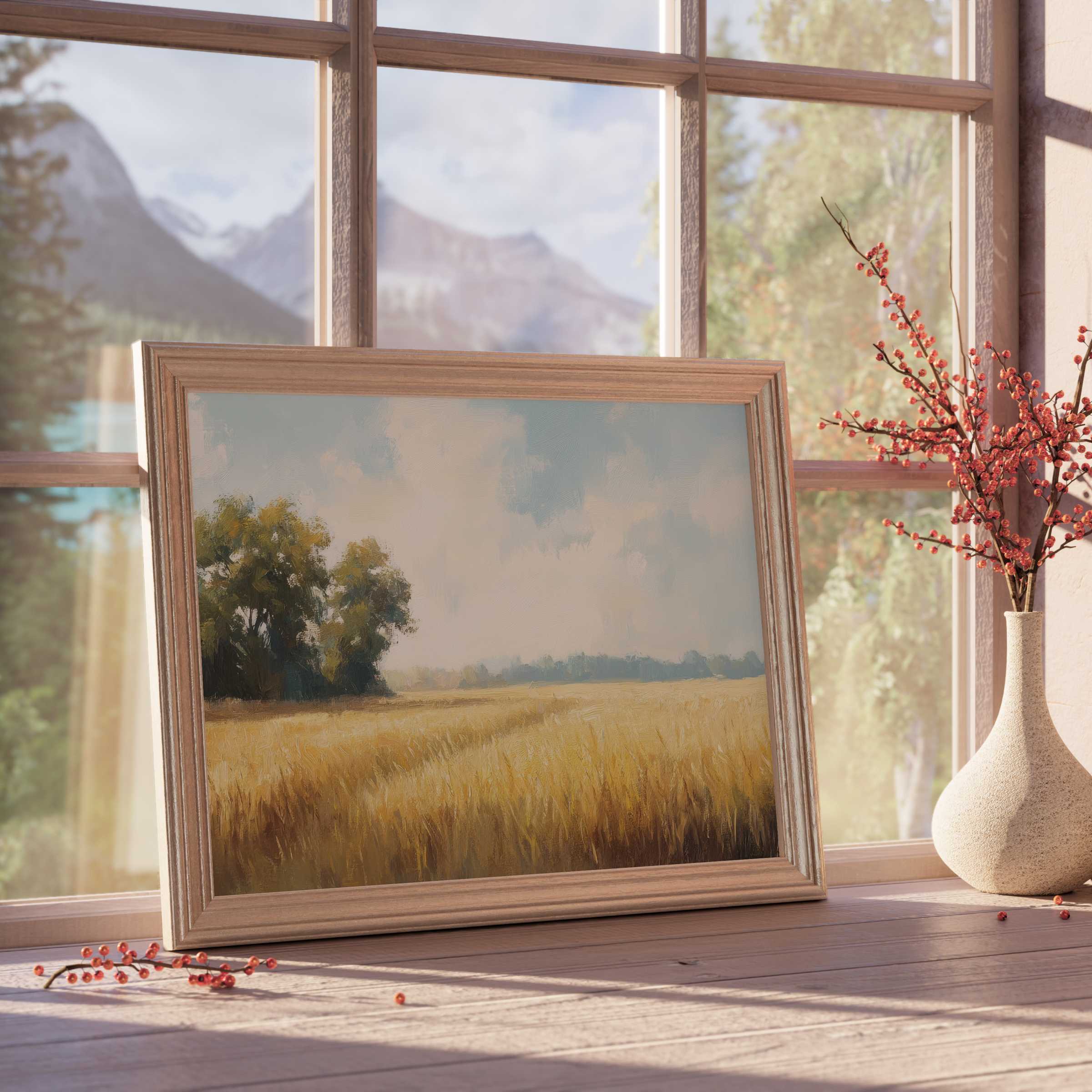 Warm, tranquil farmhouse downloadable art capturing golden fields and soft sky, enhancing curated rustic and modern interiors