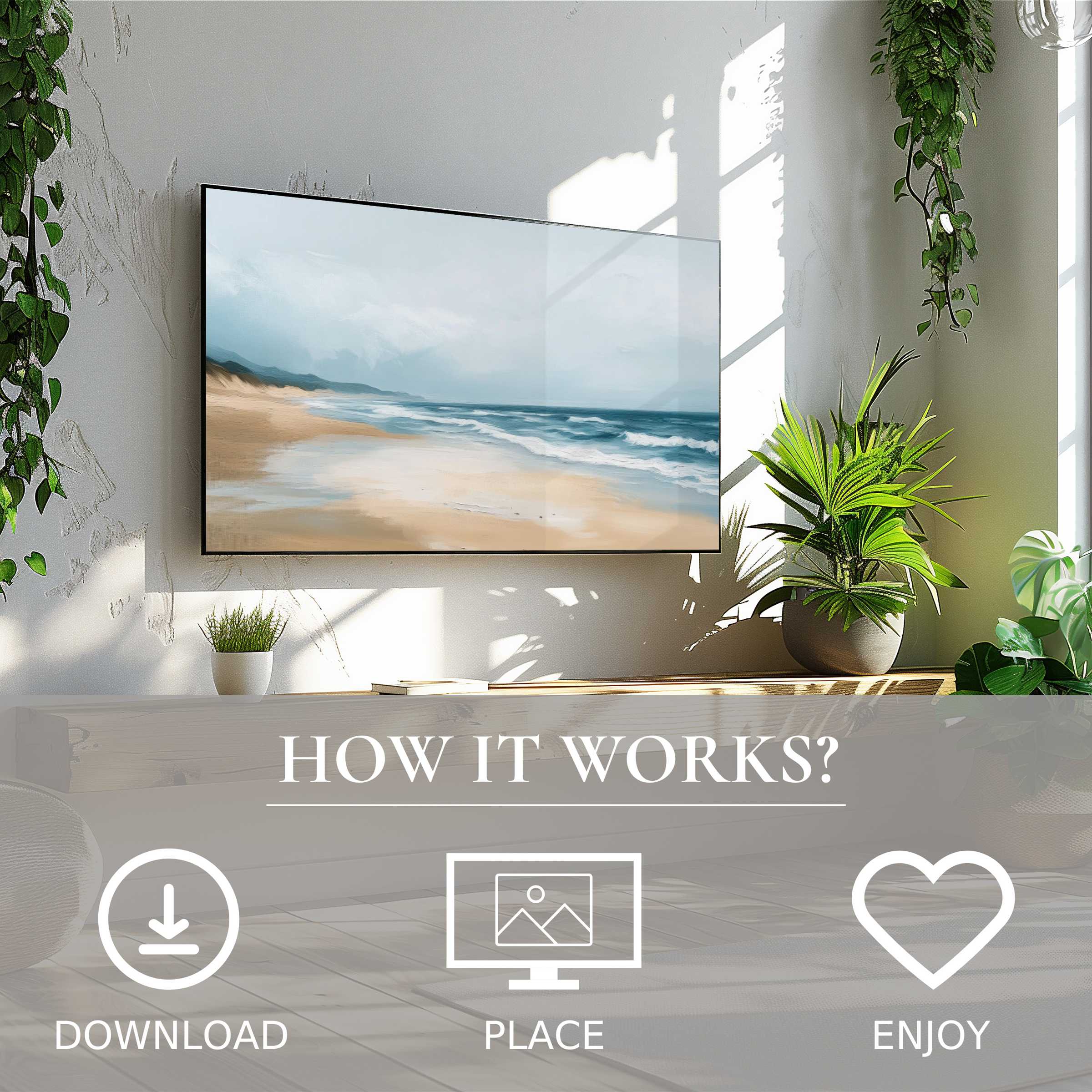 Modern living space enriched with easy digital download landscape art for Samsung TV showing soft coastal tones
